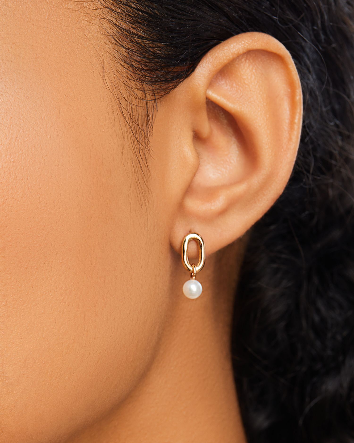 14K Yellow Gold Single XXL Square Oval Link & Pearl Drop Earrings