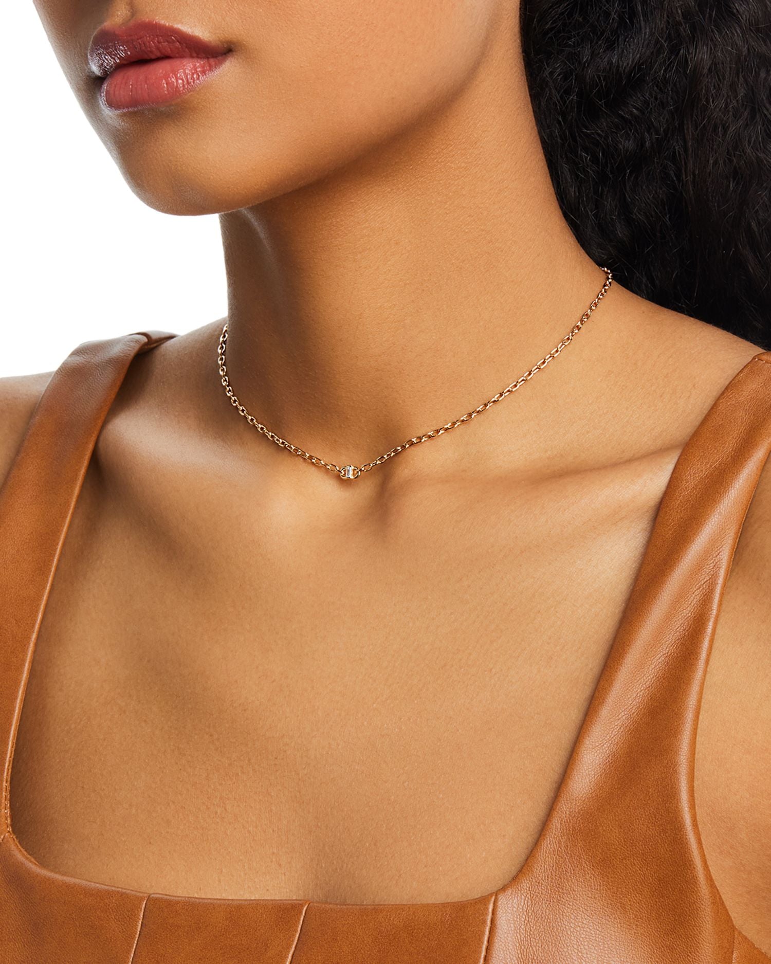 14K Yellow Gold Baguette Diamonds Diamond Baguette Oval Link Necklace, 14-16'