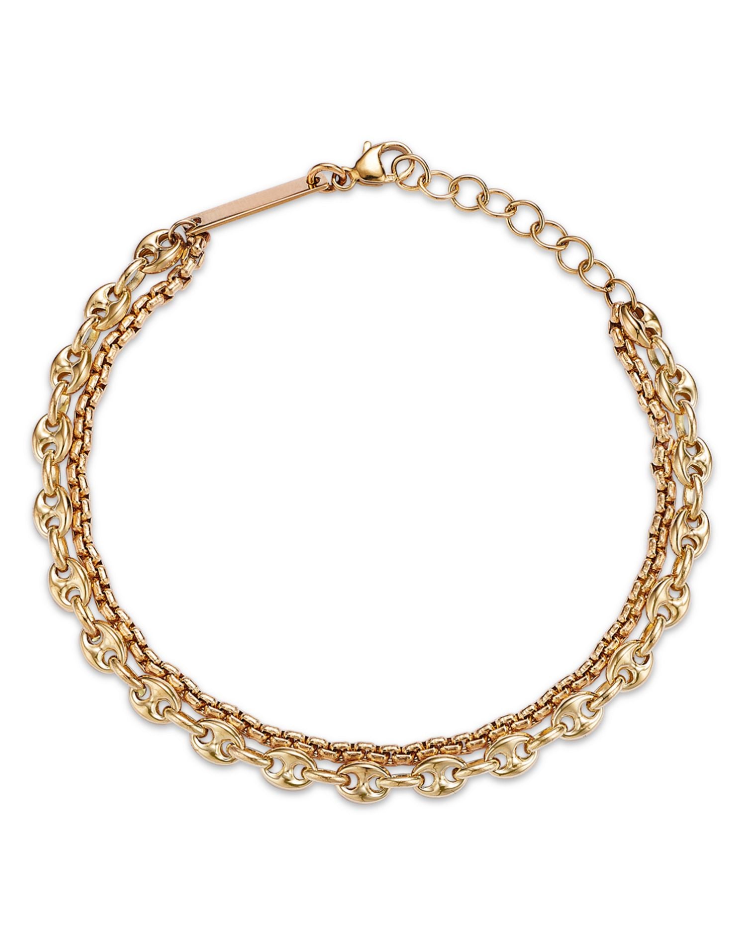 14K Yellow Heavy Metal Gold Mariner & Box Link Double Chain Bracelet