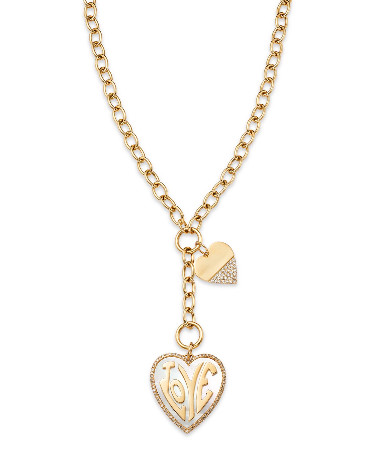 14K Yellow Gold Two Hearts LOVE Diamond Pendant Necklace, 16'