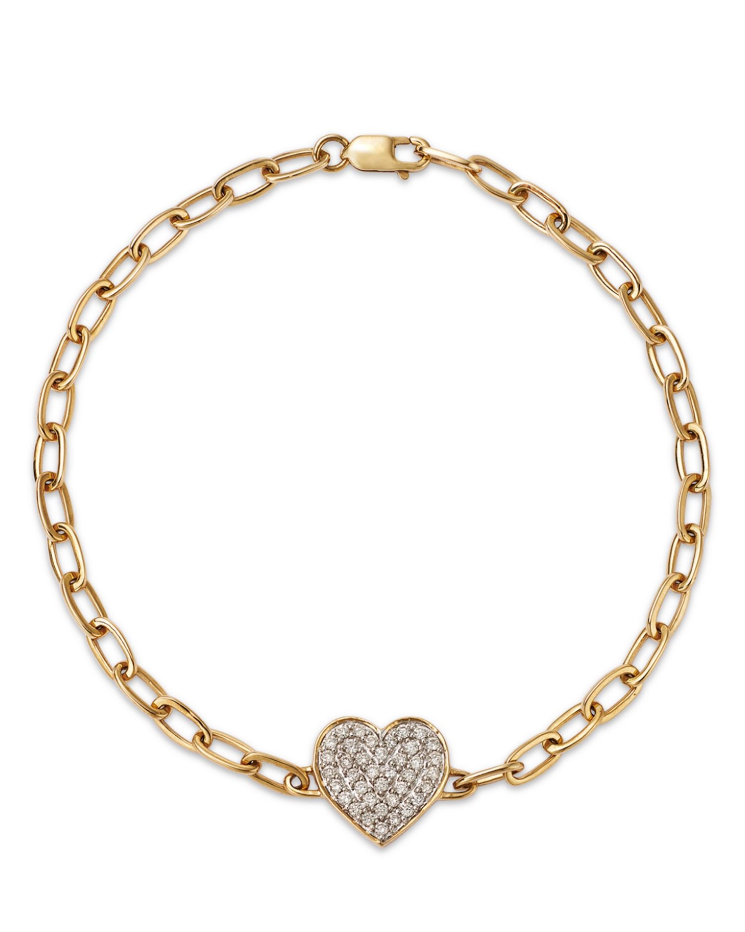 Diamond Pavé Heart Oval Link Bracelet in 14K Yellow Gold, 0.25 ct. t.w.