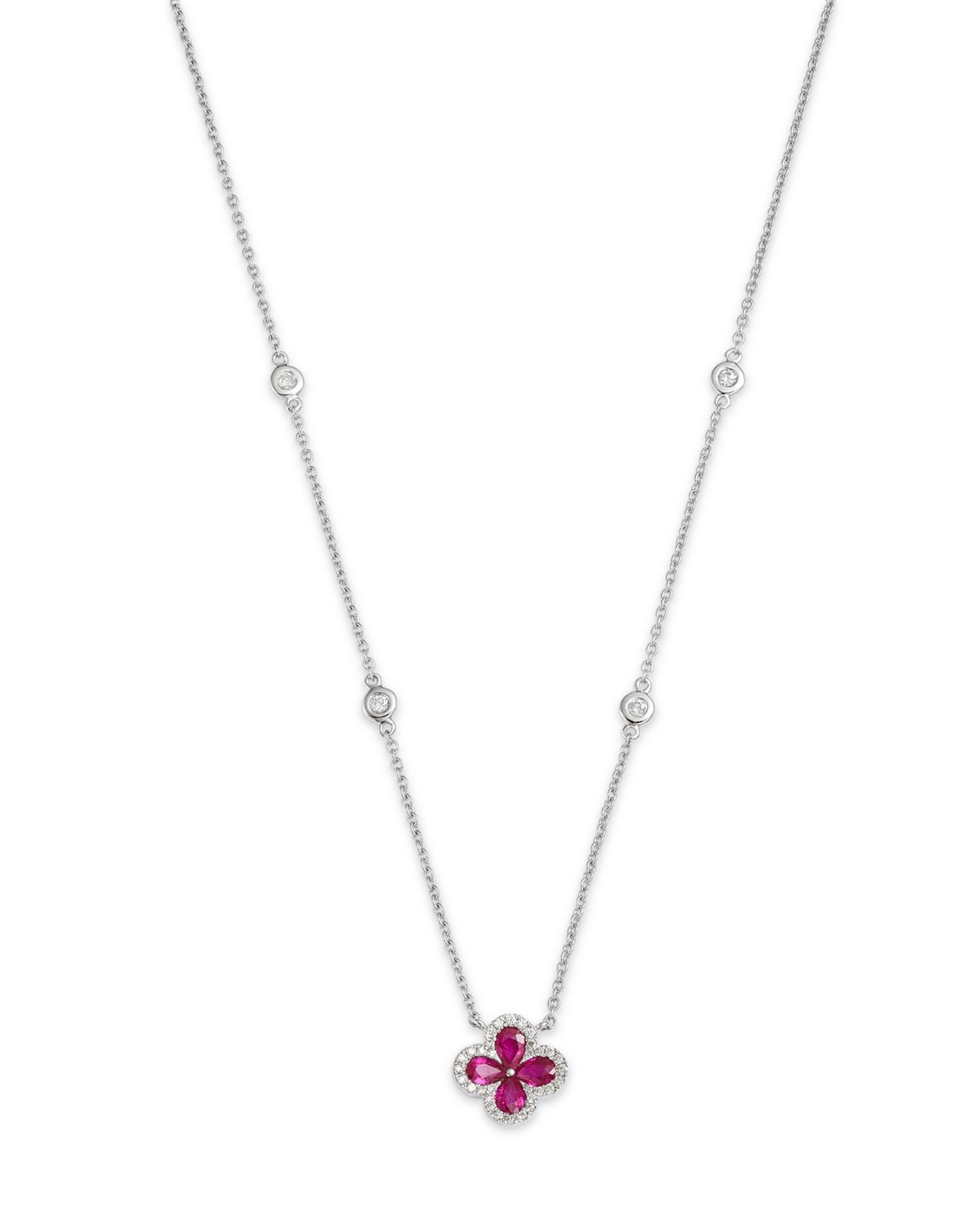 Ruby & Diamond Clover Pendant Necklace in 14K White Gold 0.21 ct. t.w. - Exclusive