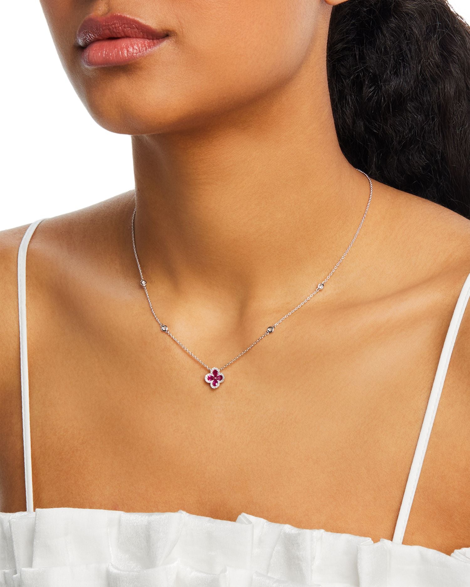 Ruby & Diamond Clover Pendant Necklace in 14K White Gold 0.21 ct. t.w. - Exclusive