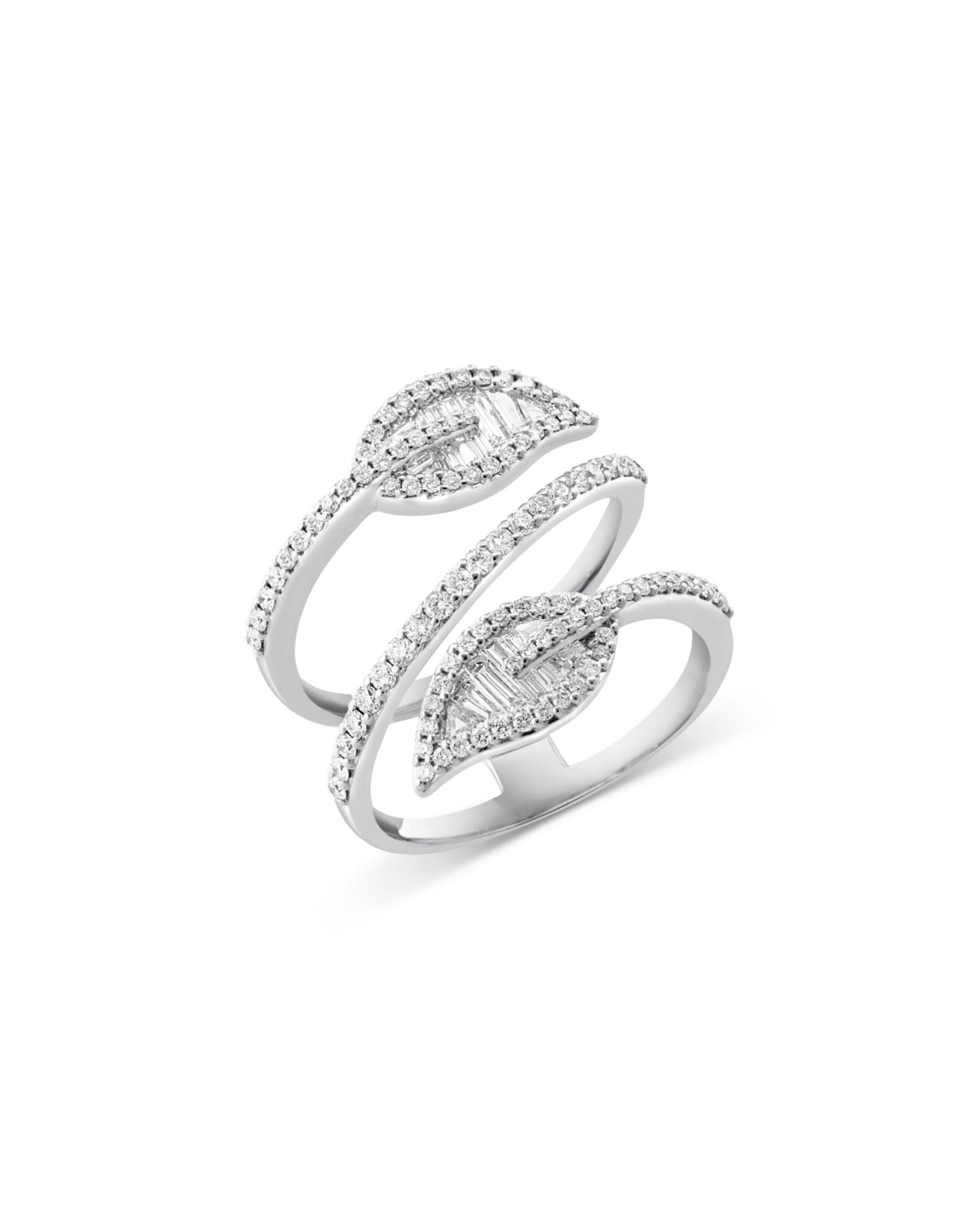 Diamond Round & Baguette Diamond Leaf Wrap Ring in 14K White Gold, 0.95 ct. t.w.