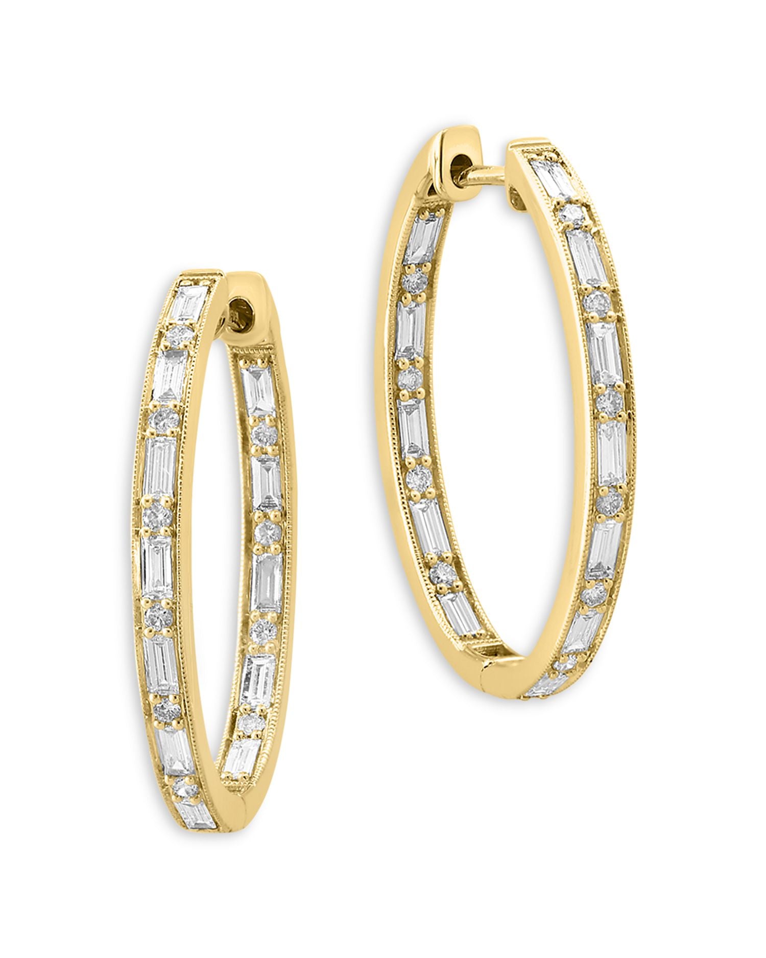 Diamond Baguette & Round Medium Hoop Earrings in 14K Yellow Gold, 1.15 ct. t.w.