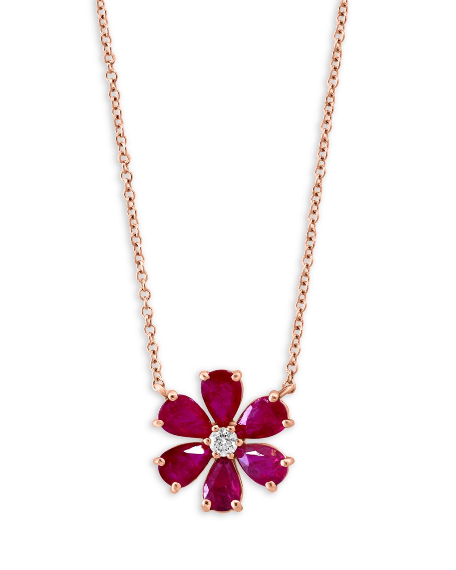 Ruby & Diamond Flower Necklace in 14K Rose Gold, 18'
