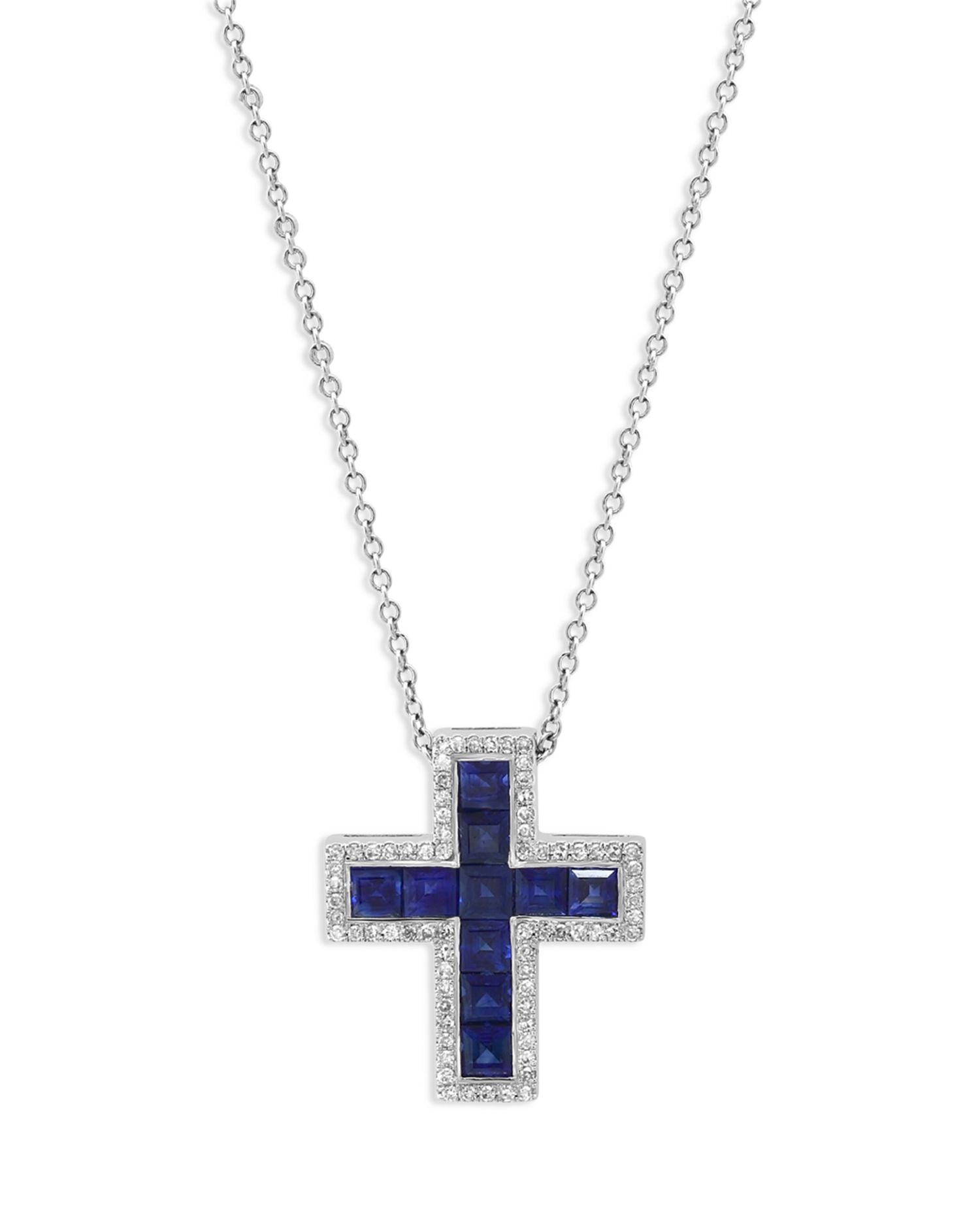 Sapphire and Diamond Cross Pendant Necklace in 14K White Gold, 18'