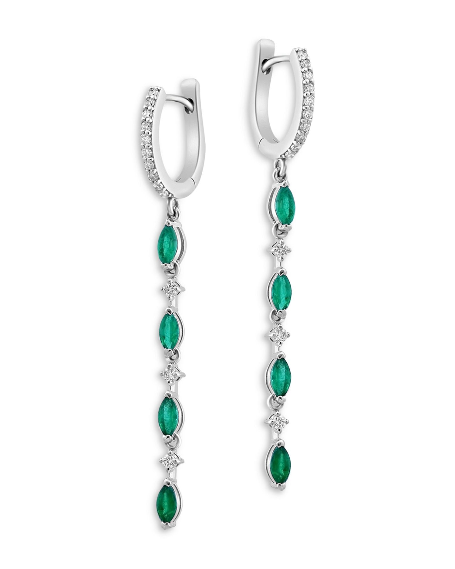 Emerald & Diamond Dangle Hoop Drop Earrings in 14K White Gold