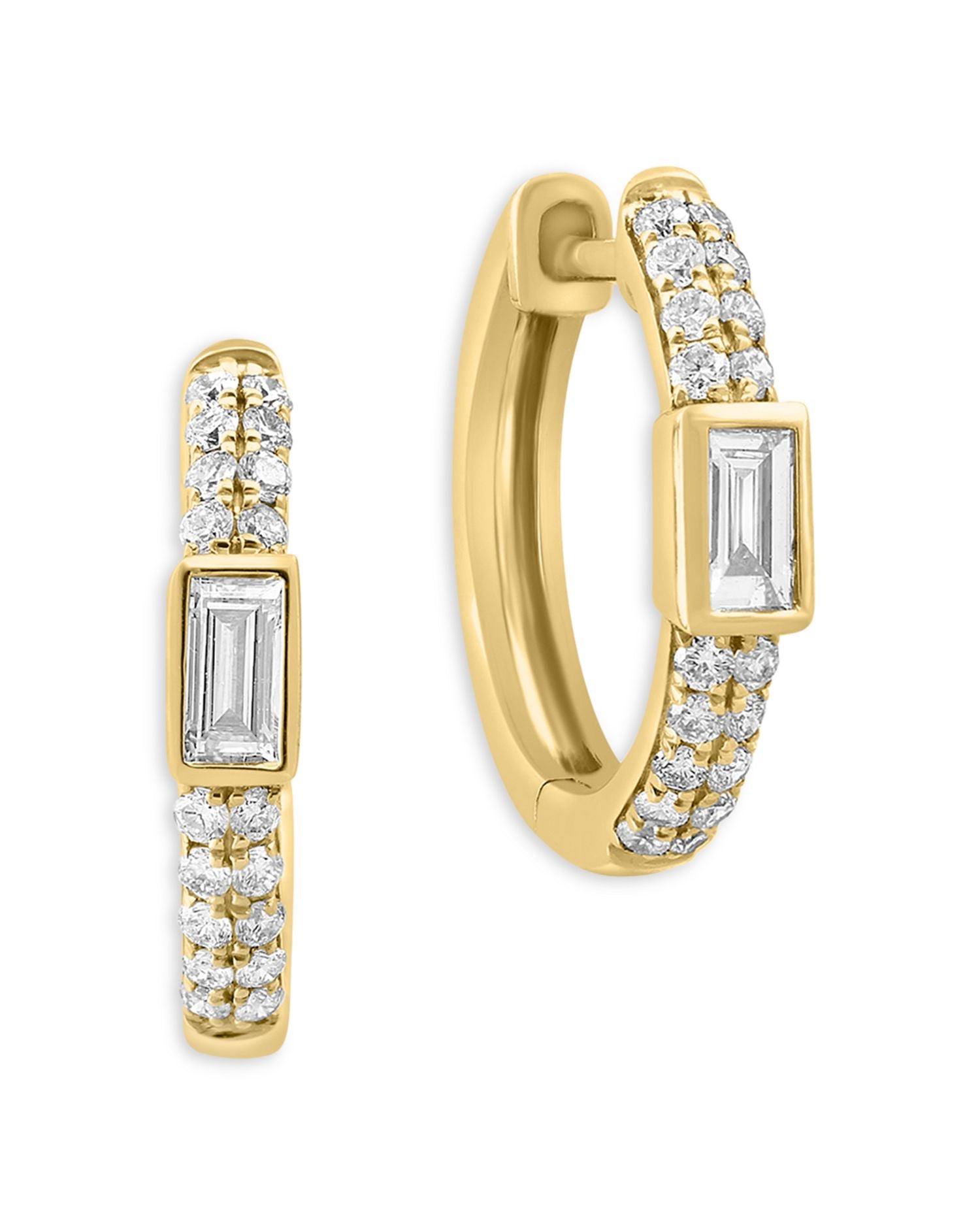 Diamond Baguette & Round Small Hoop Earrings in 14K Yellow Gold, 0.45 ct. t.w.