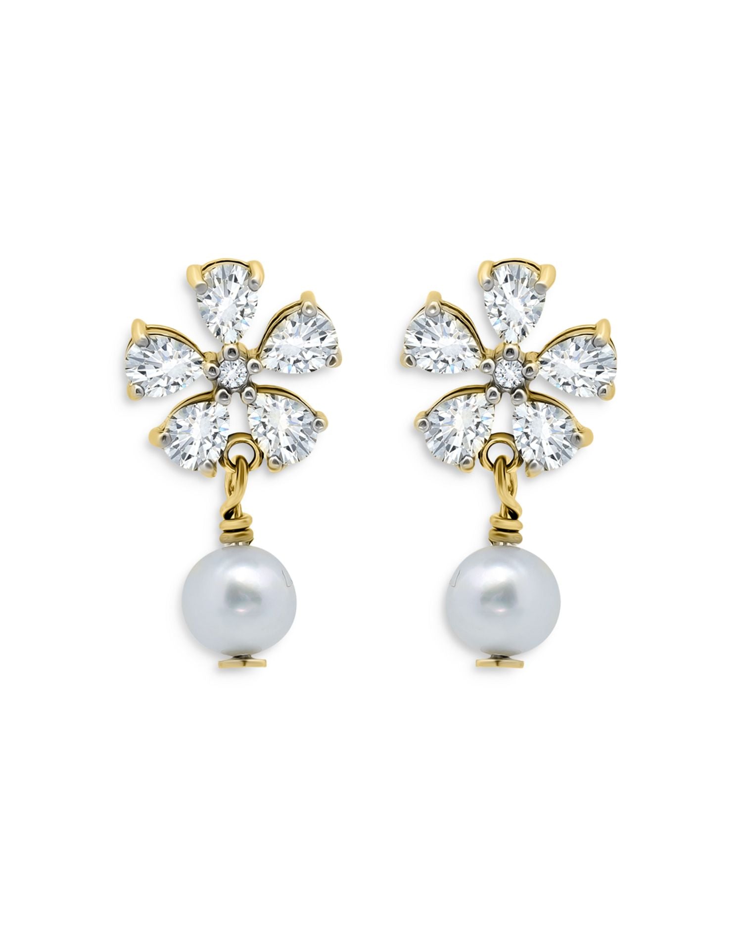 Cubic Zirconia Flower & Cultured Freshwater Pearl Drop Earrings in 18K Gold Plated Sterling Silver - Exclusive