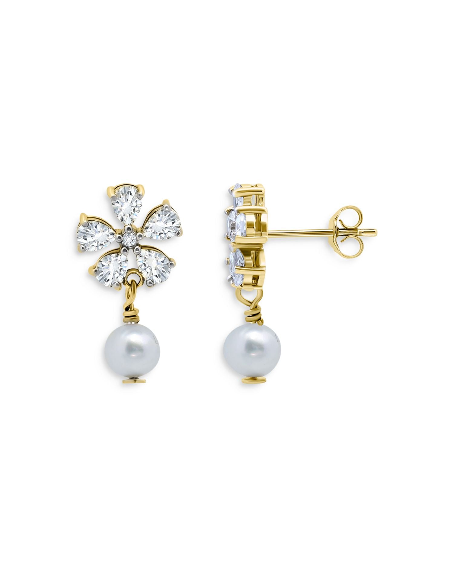 Cubic Zirconia Flower & Cultured Freshwater Pearl Drop Earrings in 18K Gold Plated Sterling Silver - Exclusive