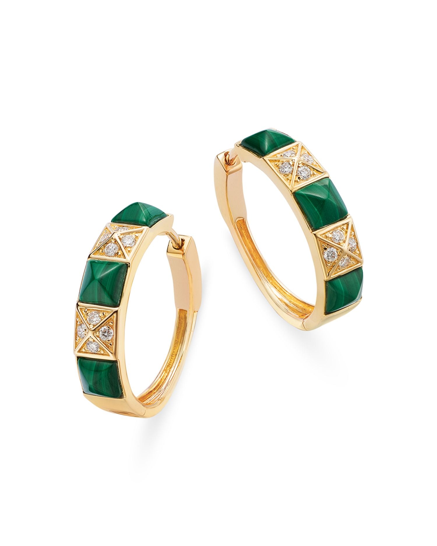 Malachite & Diamond Small Hoop Earrings in 14K Yellow Gold