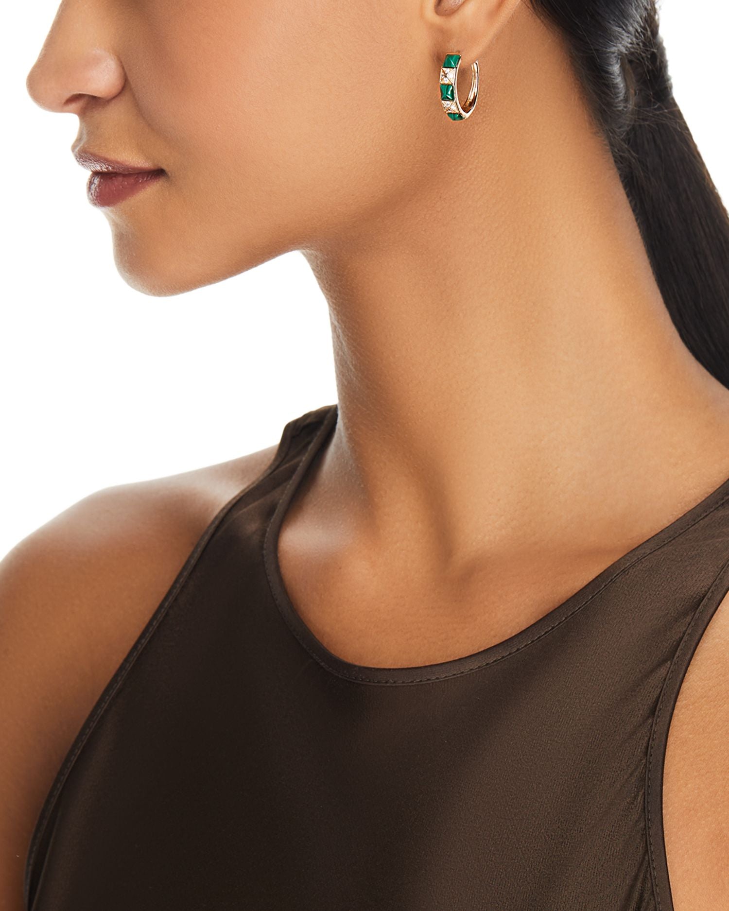 Malachite & Diamond Small Hoop Earrings in 14K Yellow Gold