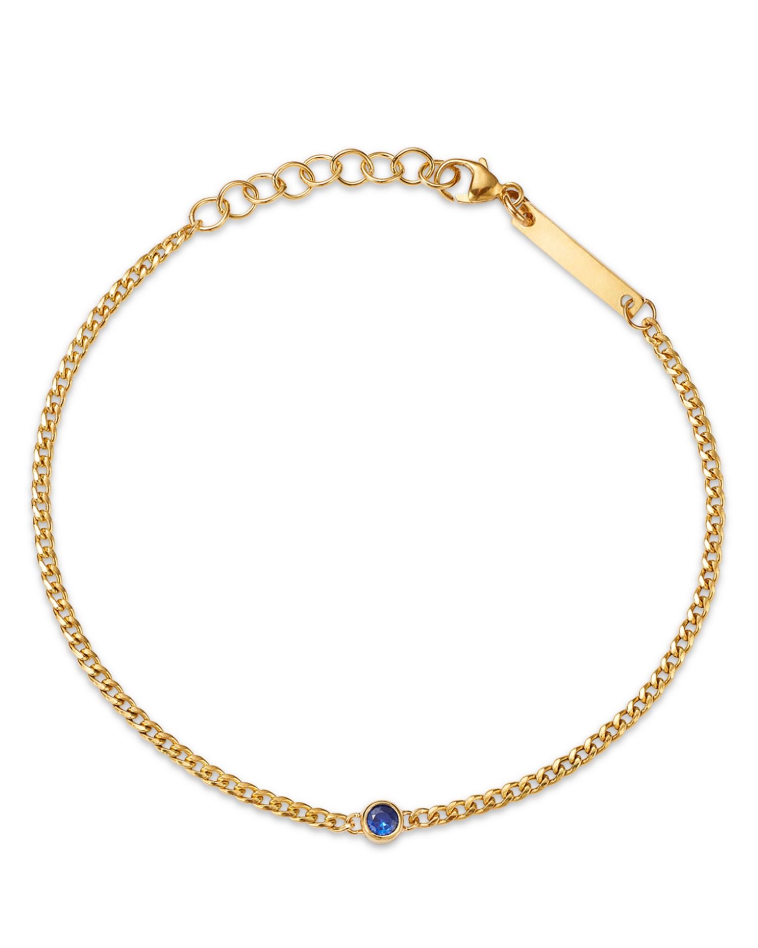14K Yellow Gold Curb Chain Blue Sapphire Bezel Bracelet