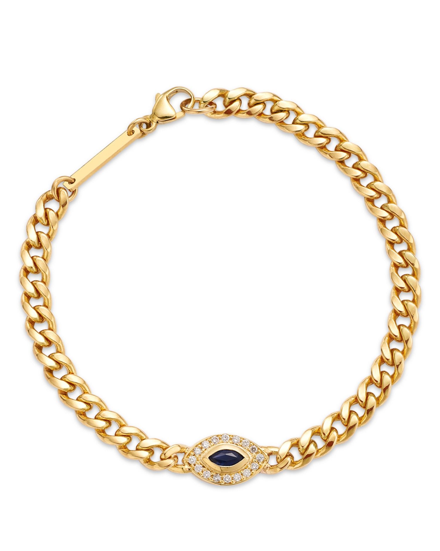 14K Yellow Gold Curb Chain Marquise Blue Sapphire Halo Bracelet