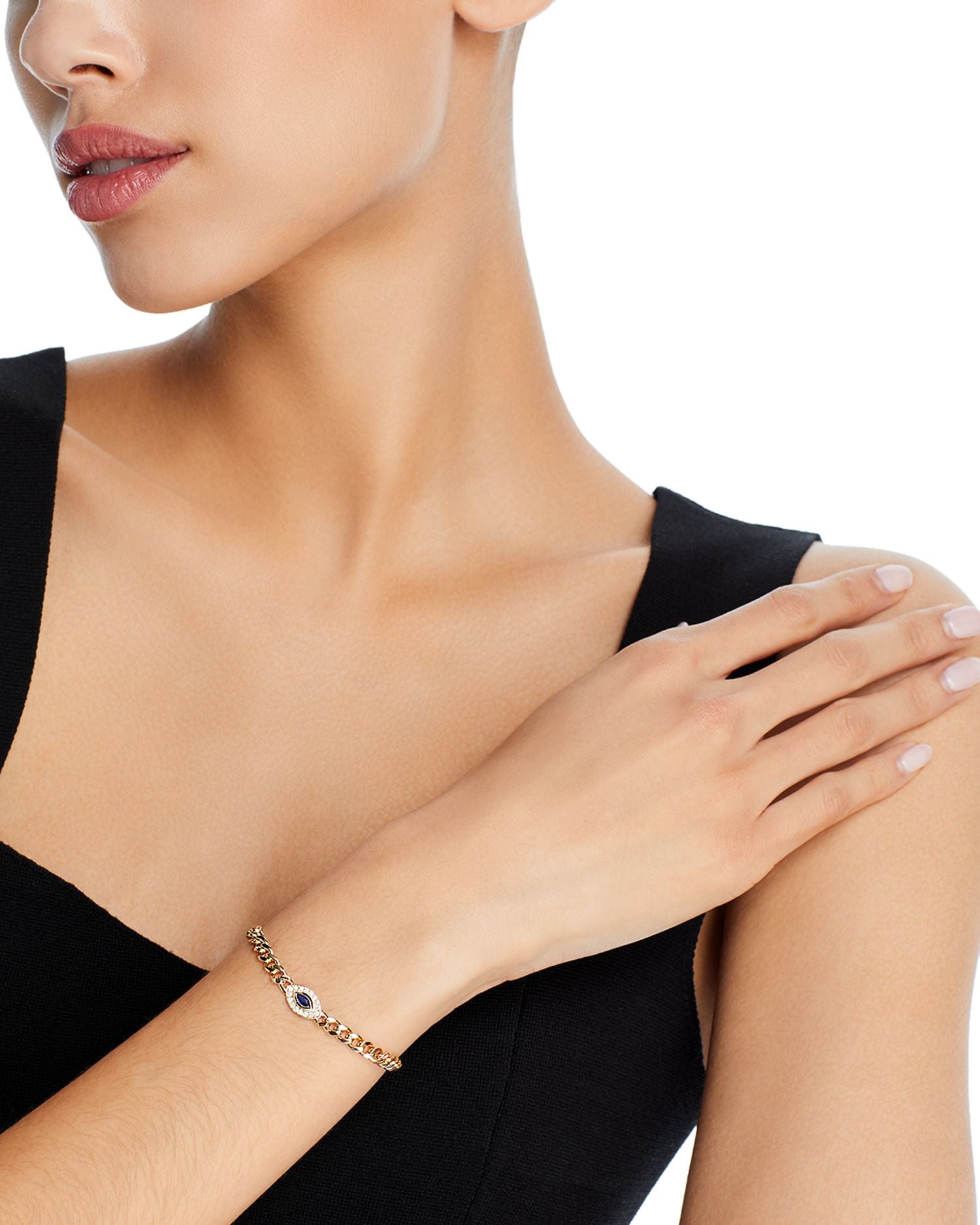 14K Yellow Gold Curb Chain Marquise Blue Sapphire Halo Bracelet