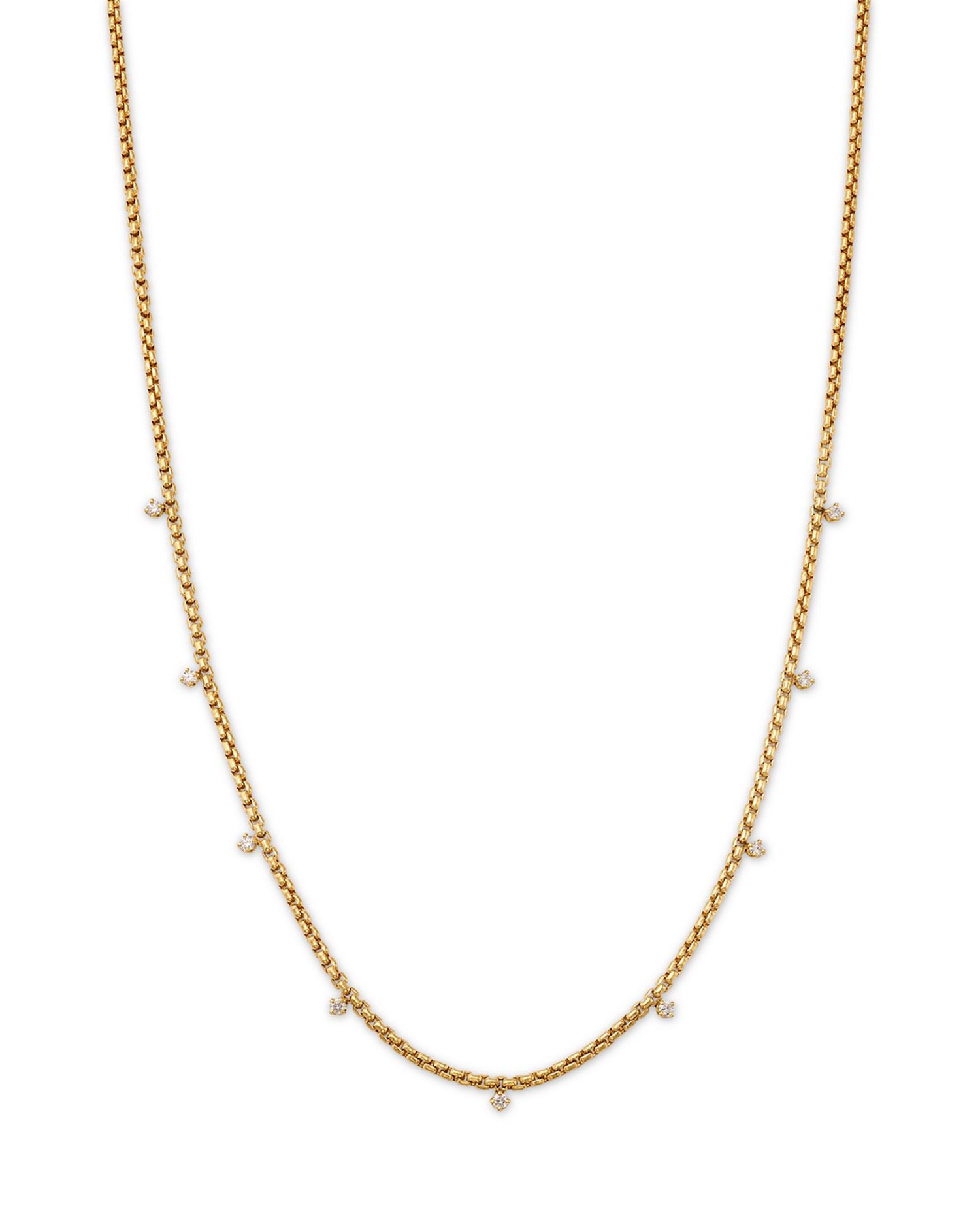 14K Yellow Gold 9 Prong Diamond Small Box Chain Necklace, 16'