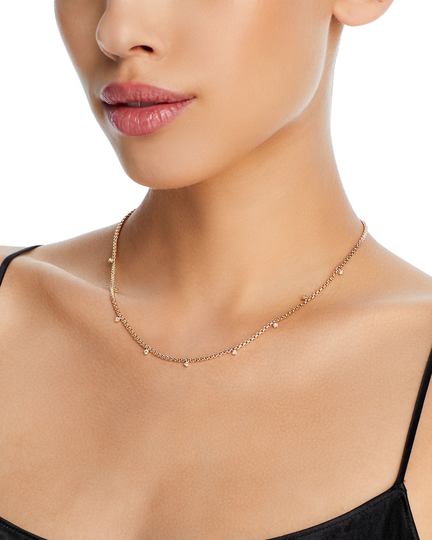 14K Yellow Gold 9 Prong Diamond Small Box Chain Necklace, 16'