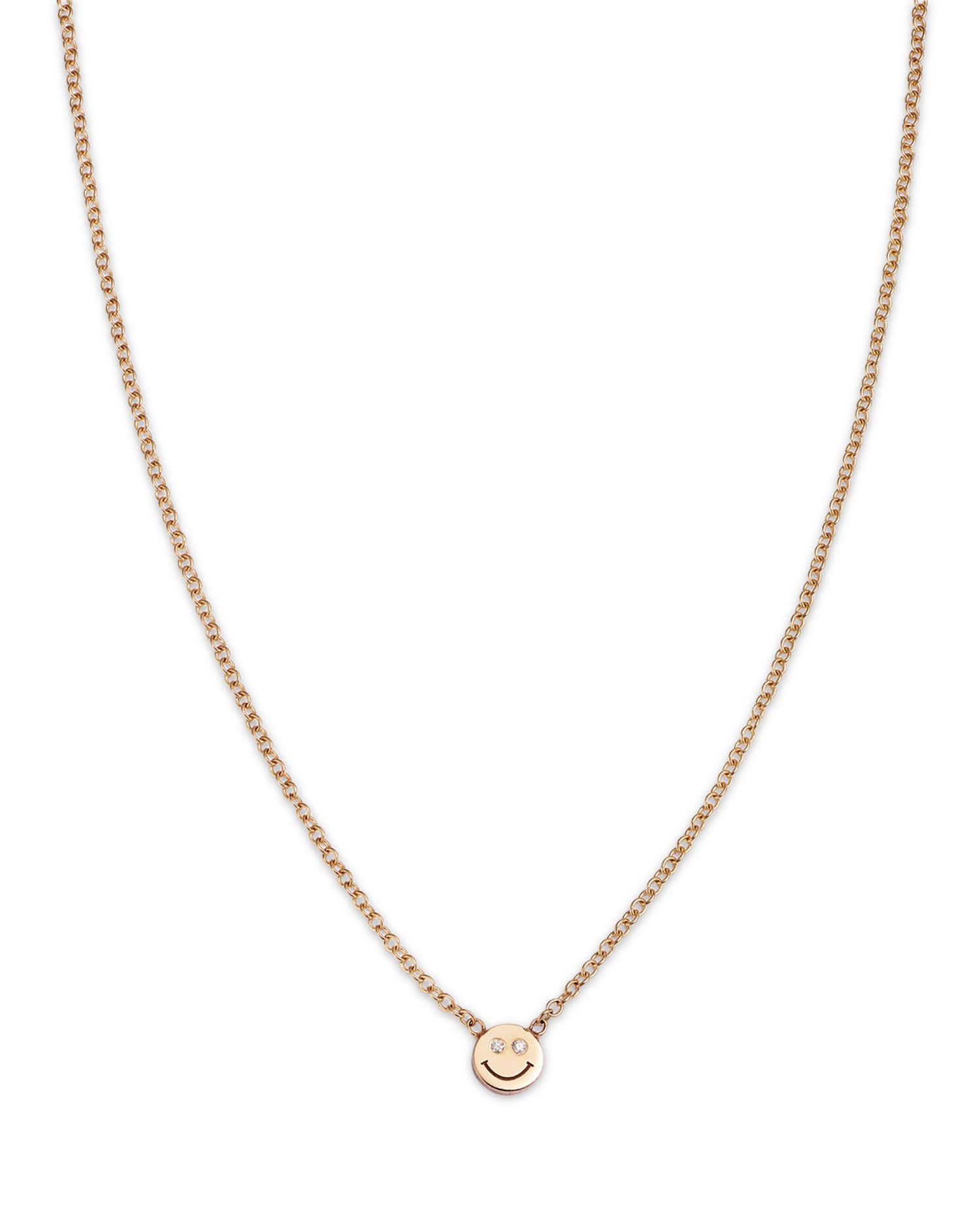 14K Yellow Gold Itty Bitty Smiley Face Diamond Eyes Pendant Necklace, 16'