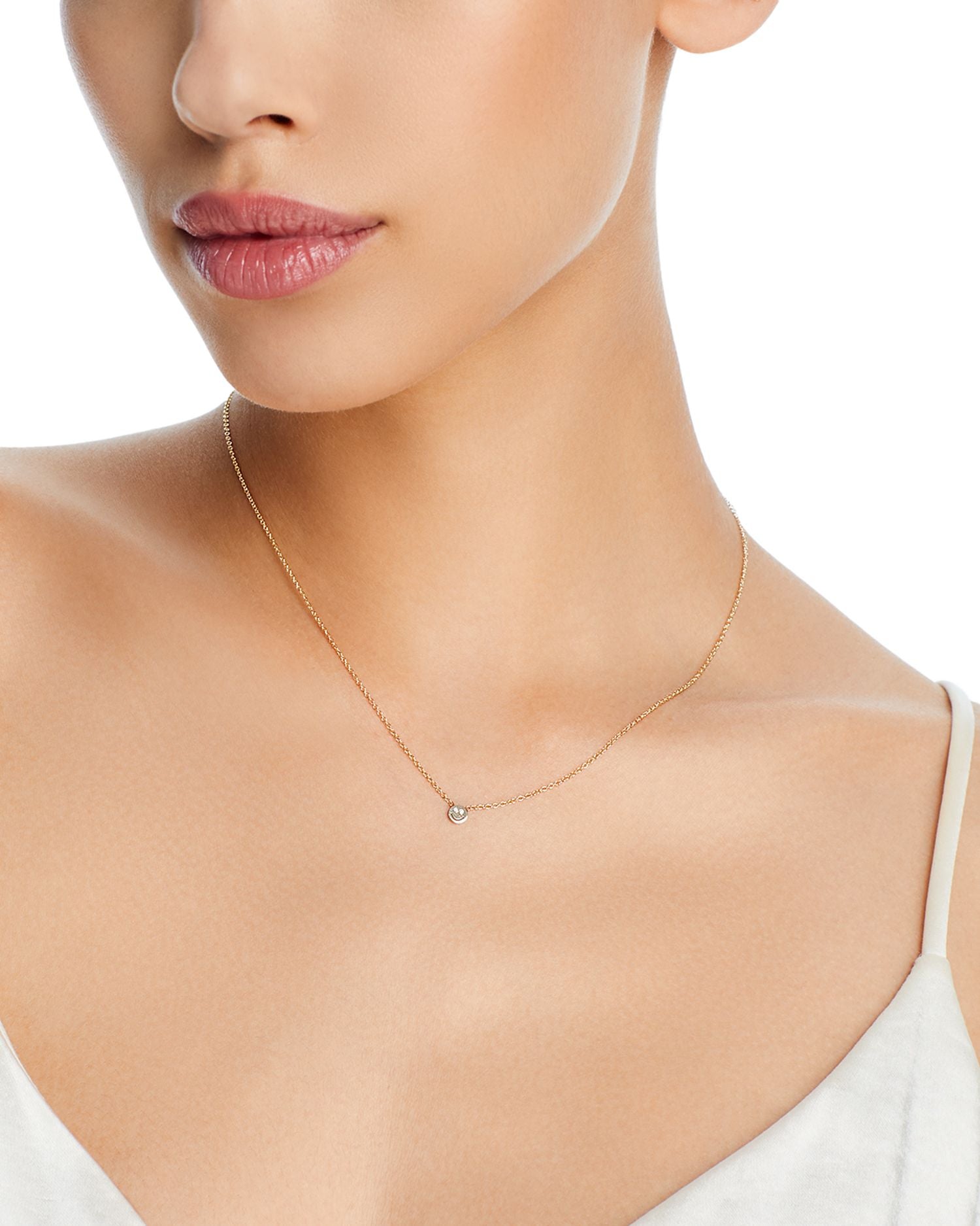 14K Yellow Gold Itty Bitty Smiley Face Diamond Eyes Pendant Necklace, 16'