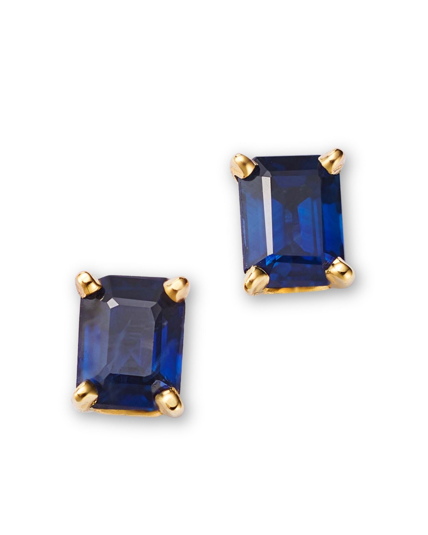 14K Yellow Gold Emerald Cut Blue Sapphire Stud Earrings
