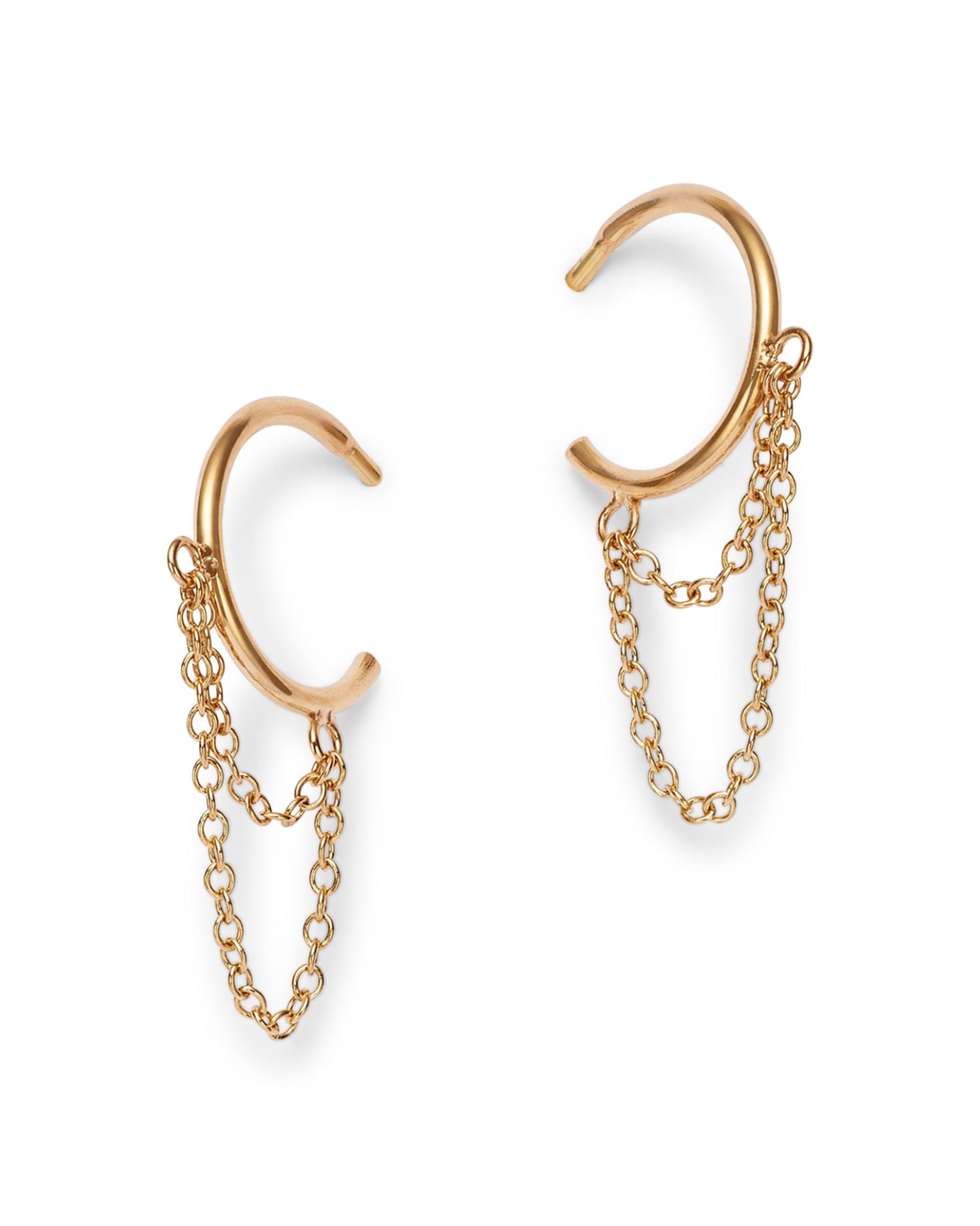 14K Yellow Gold Double Chain Thin Huggie Hoop Earrings