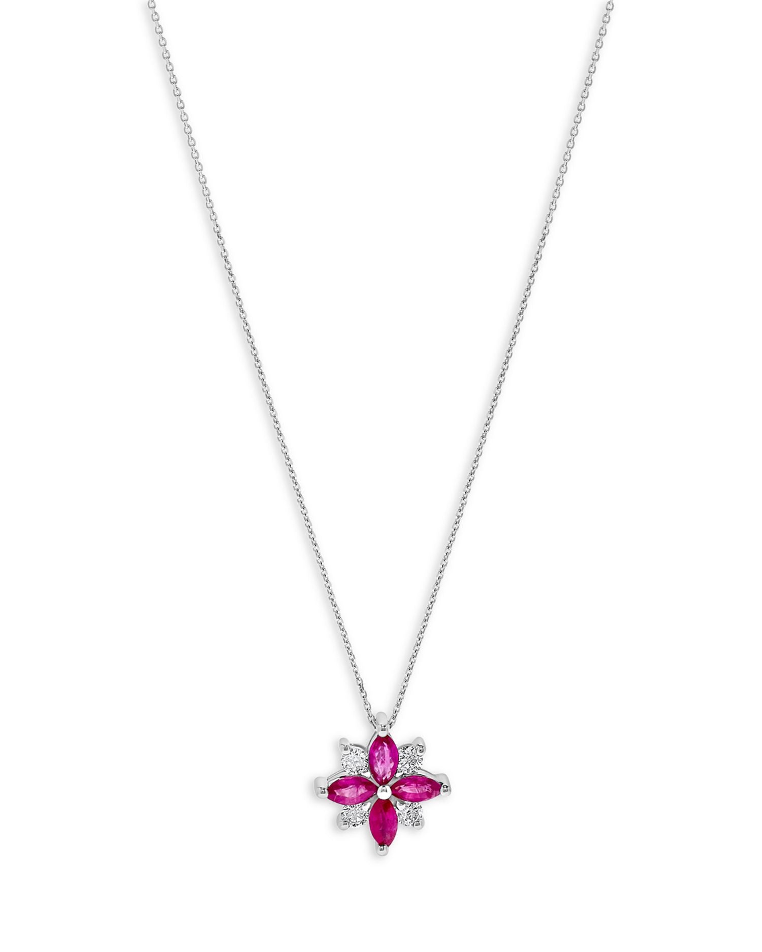 Ruby & Diamond Flower Pendant Necklace in 14K White Gold, 16'