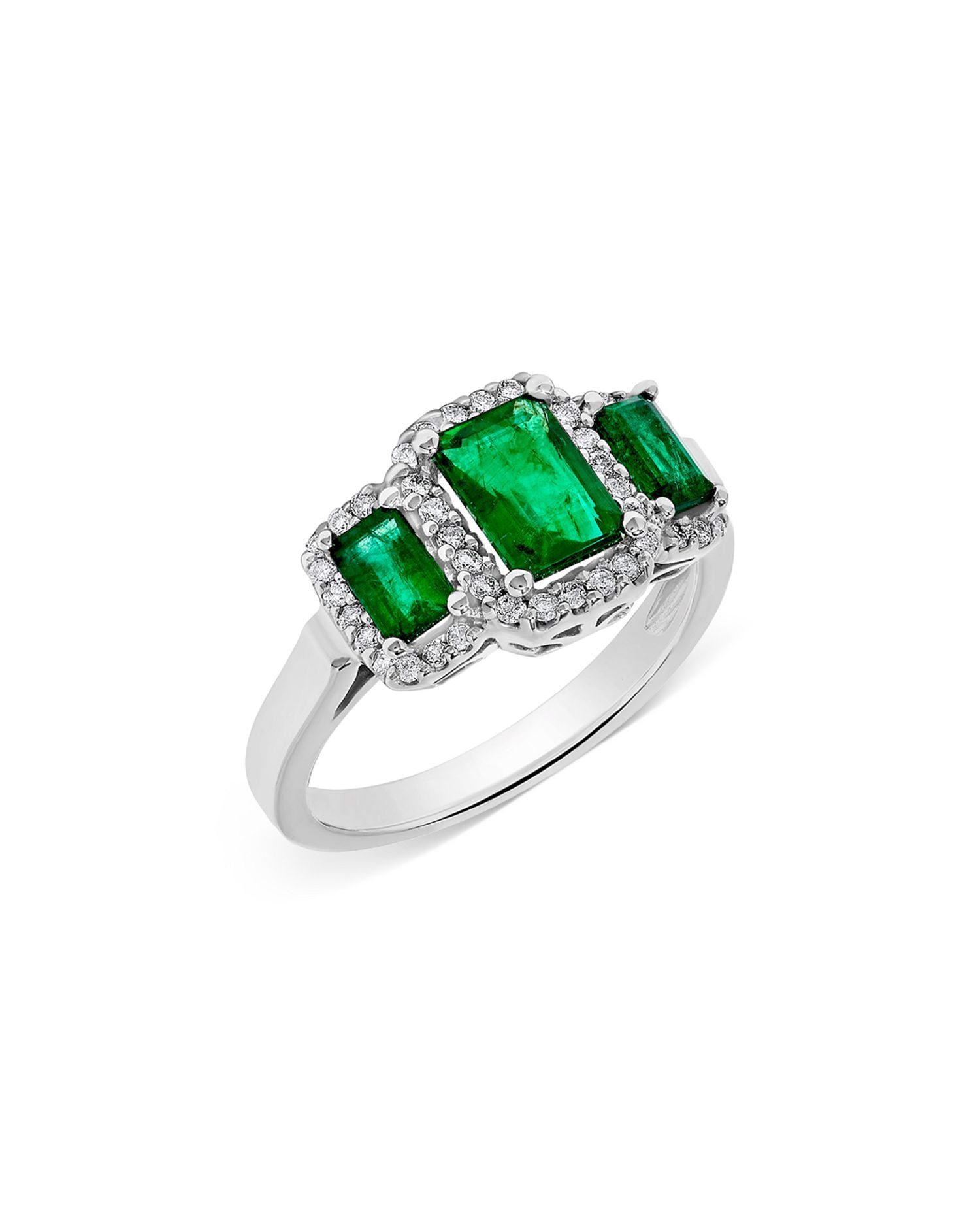 Emerald & Diamond Triple Halo Ring in 14K White Gold
