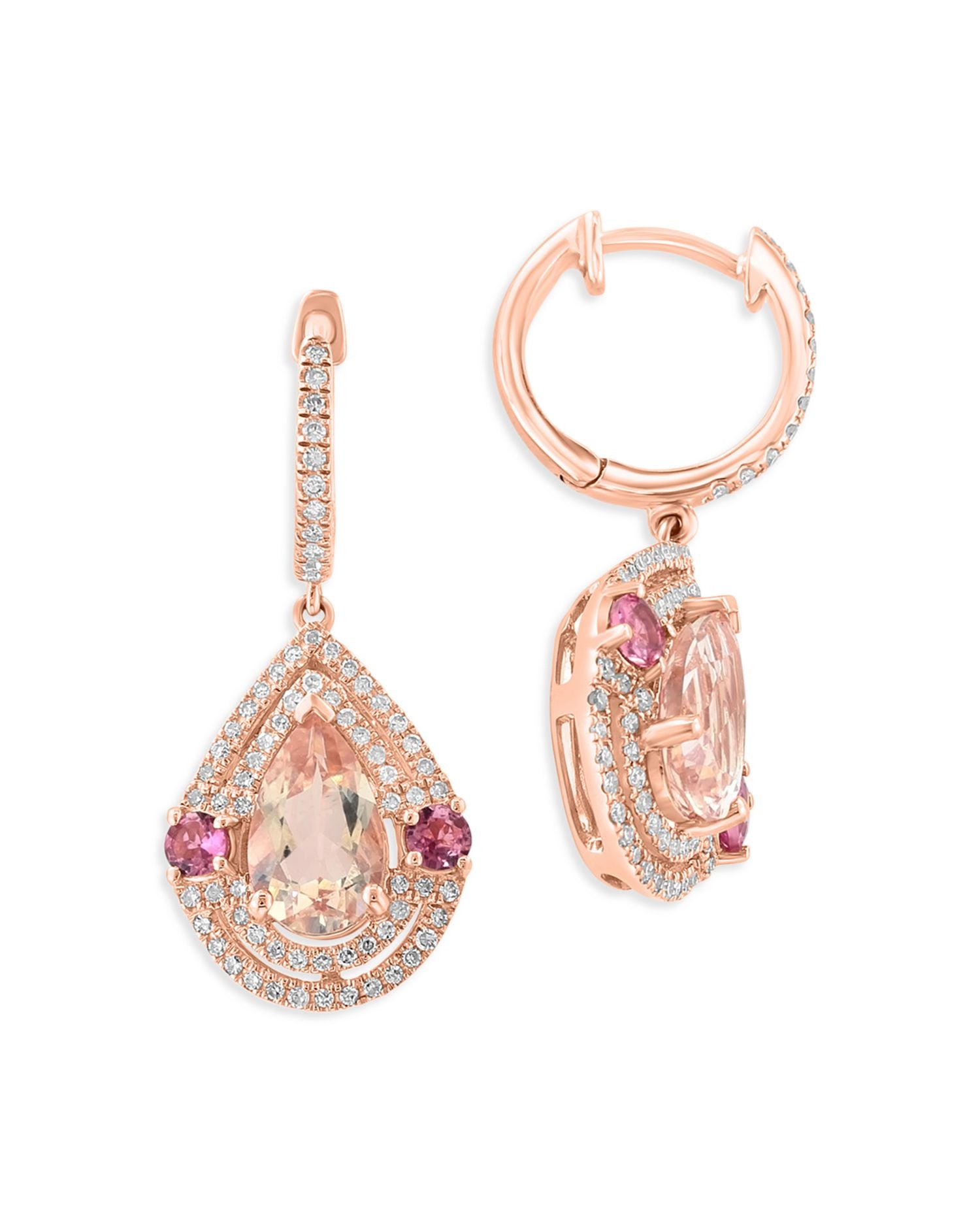 Pink Tourmaline, Morganite & Diamond Drop Earrings in 14K Rose Gold