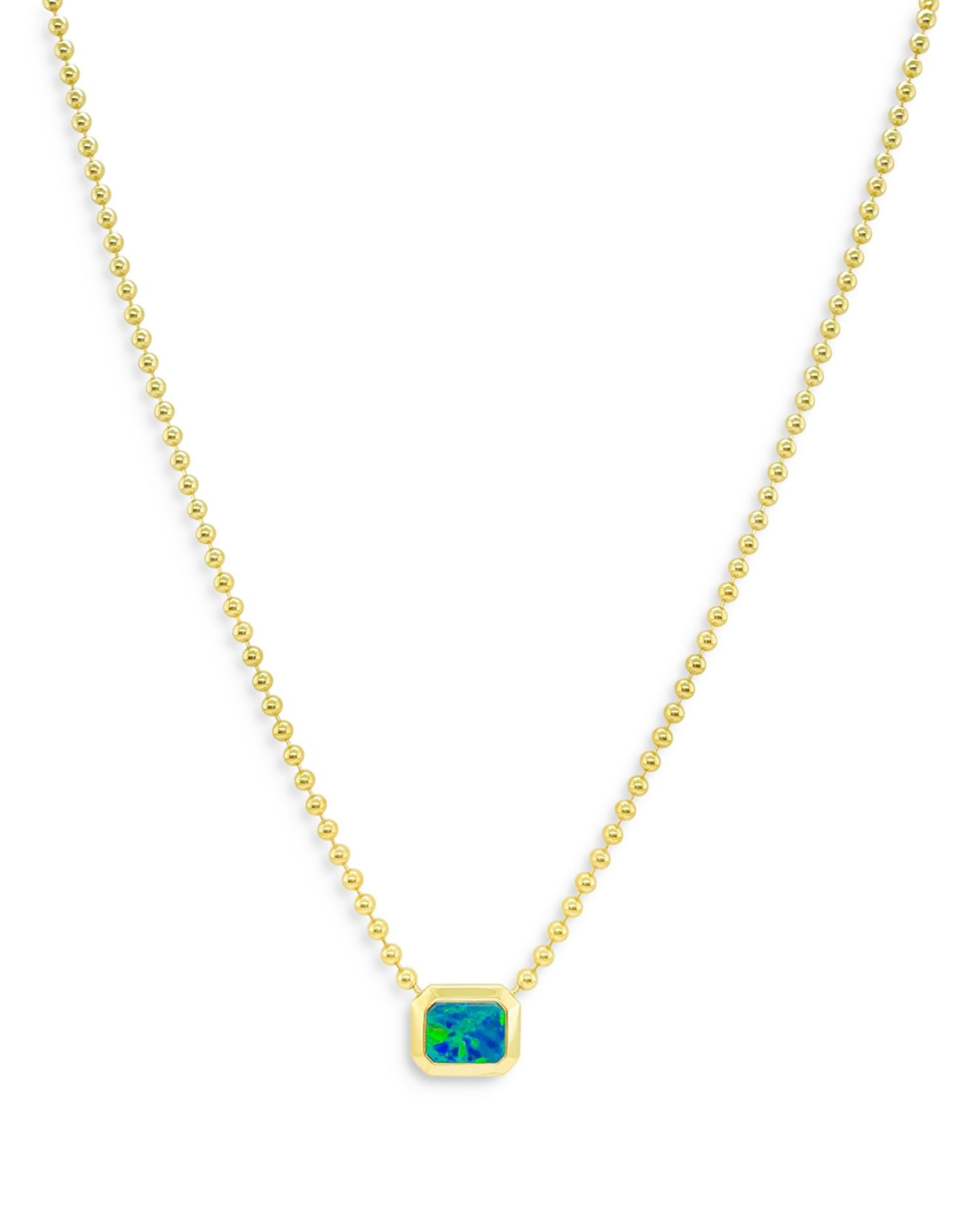 14K Yellow Gold Ball Chain Opal Solitaire Necklace, 18'