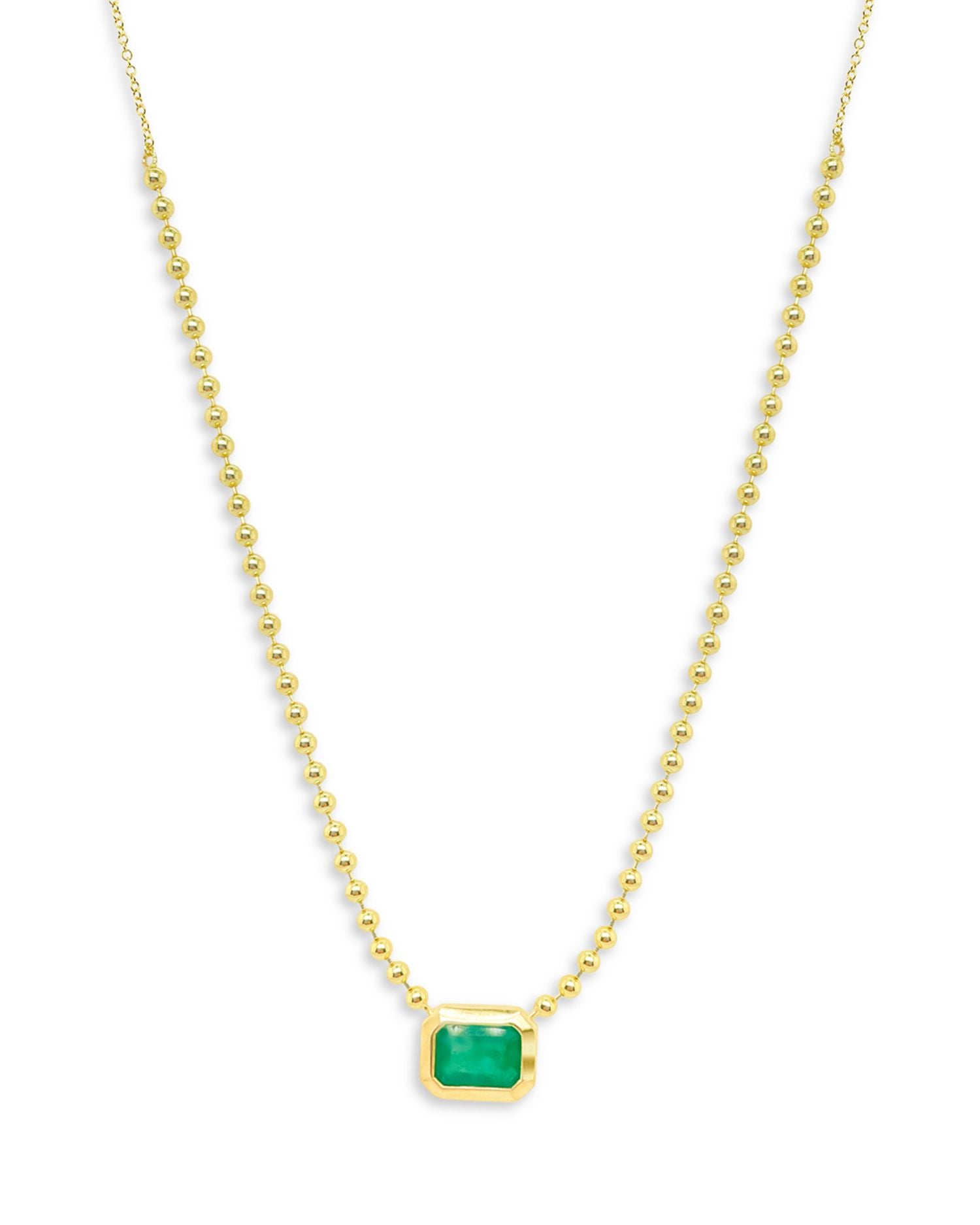 14K Yellow Gold Ball Chain Emerald Solitaire Necklace, 18'