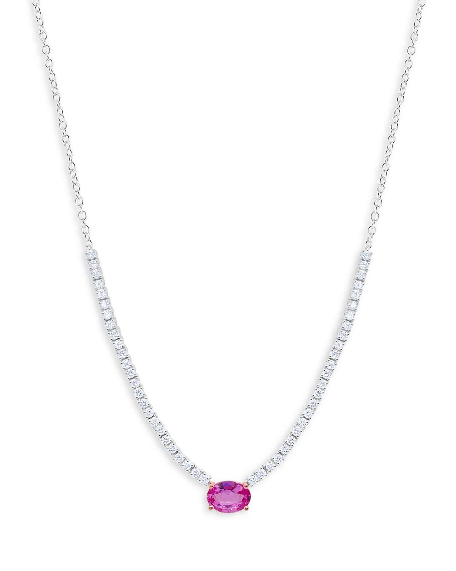 14K White Gold Pink Sapphire & Diamond Cocktail Necklace, 18'