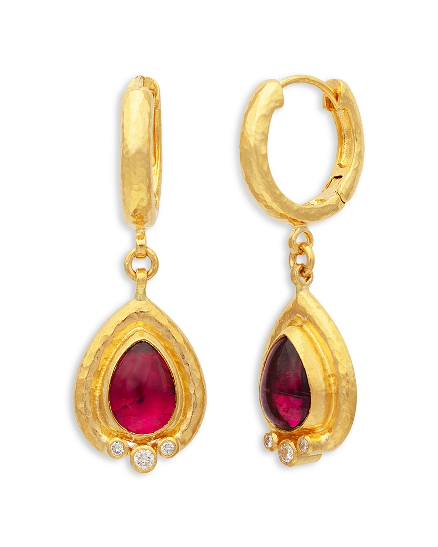 24K & 22K Yellow Gold Muse Pink Tourmaline & Diamond Charm Hoop Earrings