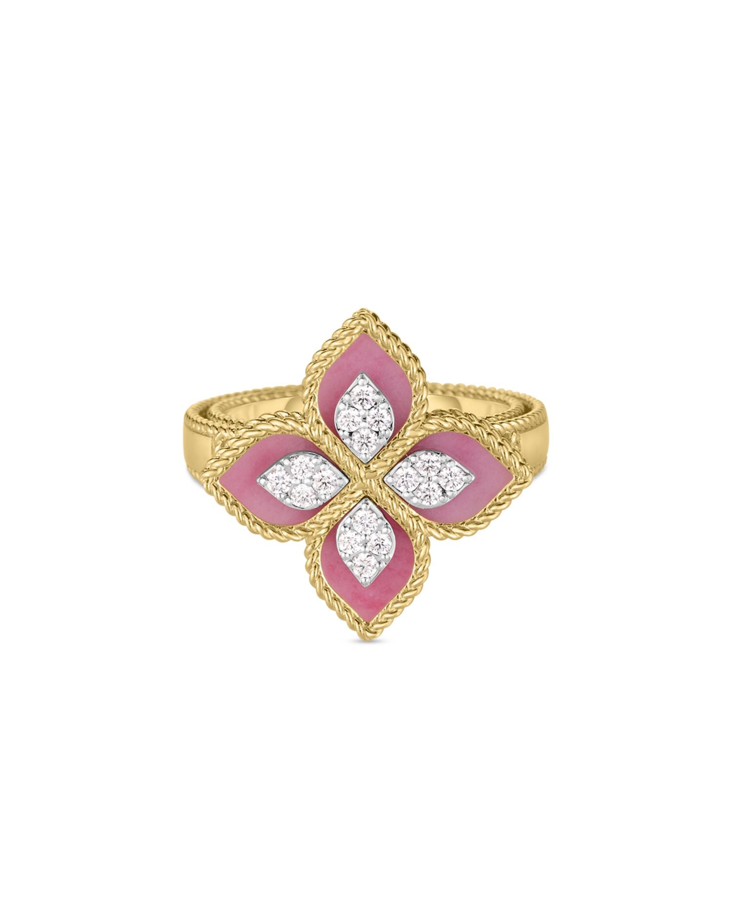 18K White & Yellow Gold Venetian Princess Rhodonite & Diamond Flower Ring