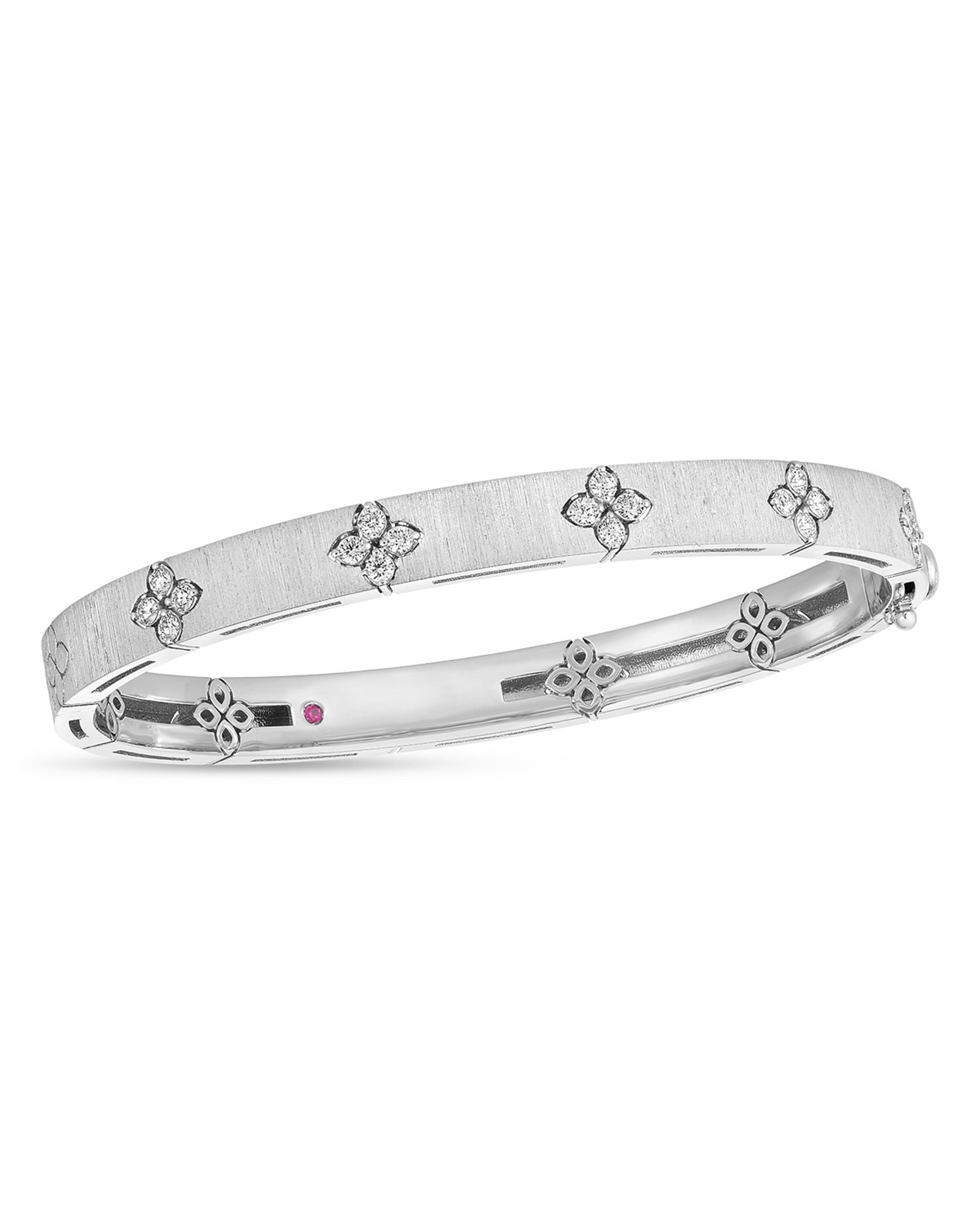 18K White Gold Love in Verona Diamond Flower Satin Bangle Bracelet