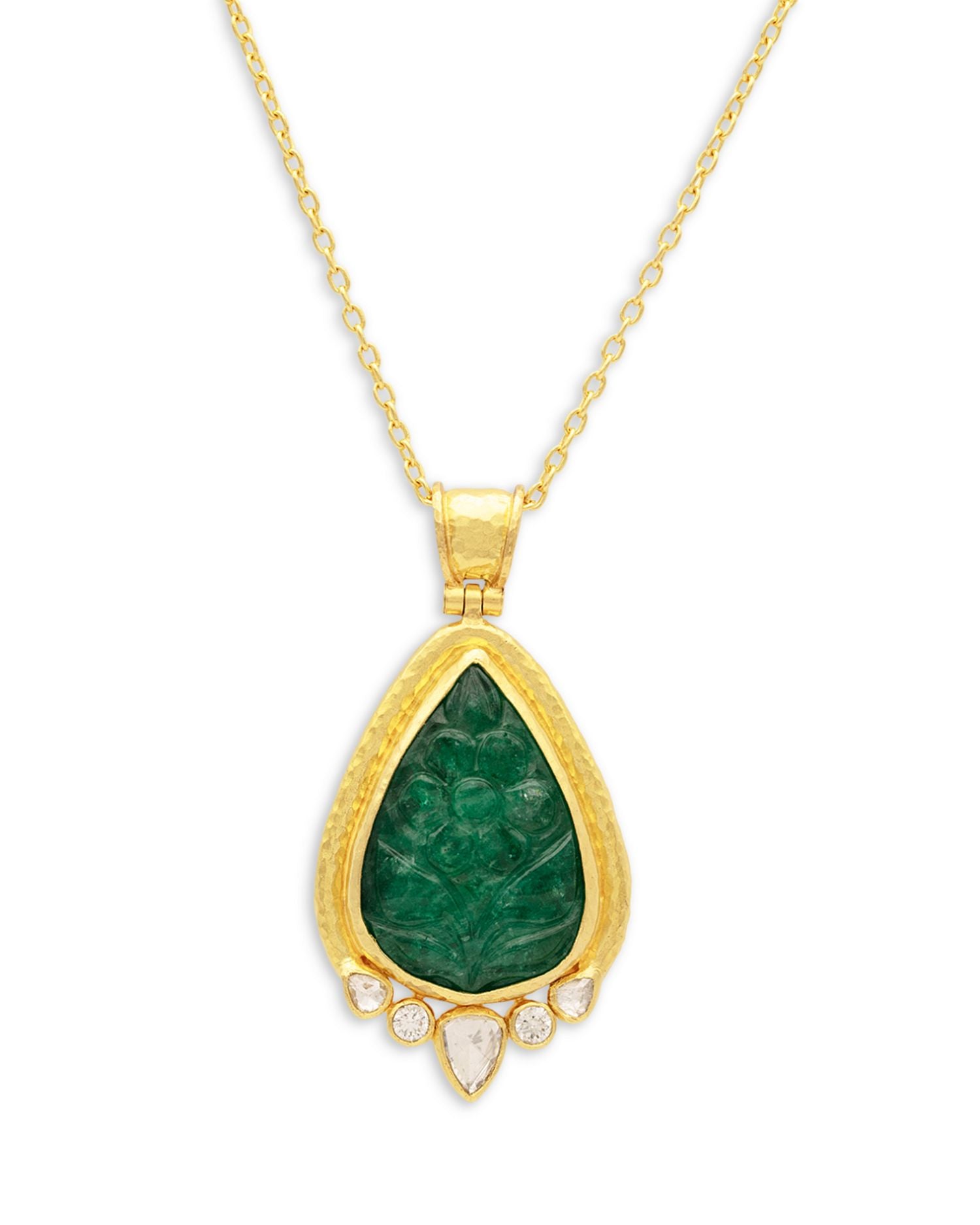 Emerald & Diamond Teardrop Necklace in 24K Yellow Gold, 16-18'
