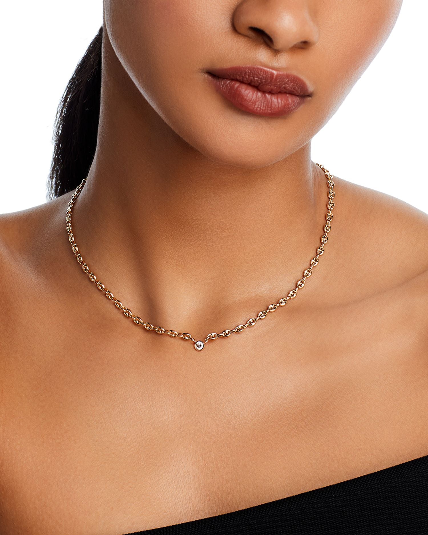 14K Yellow Gold Prong Diamonds Diamond Solitaire Mariner Link Chain Necklace, 14-16'