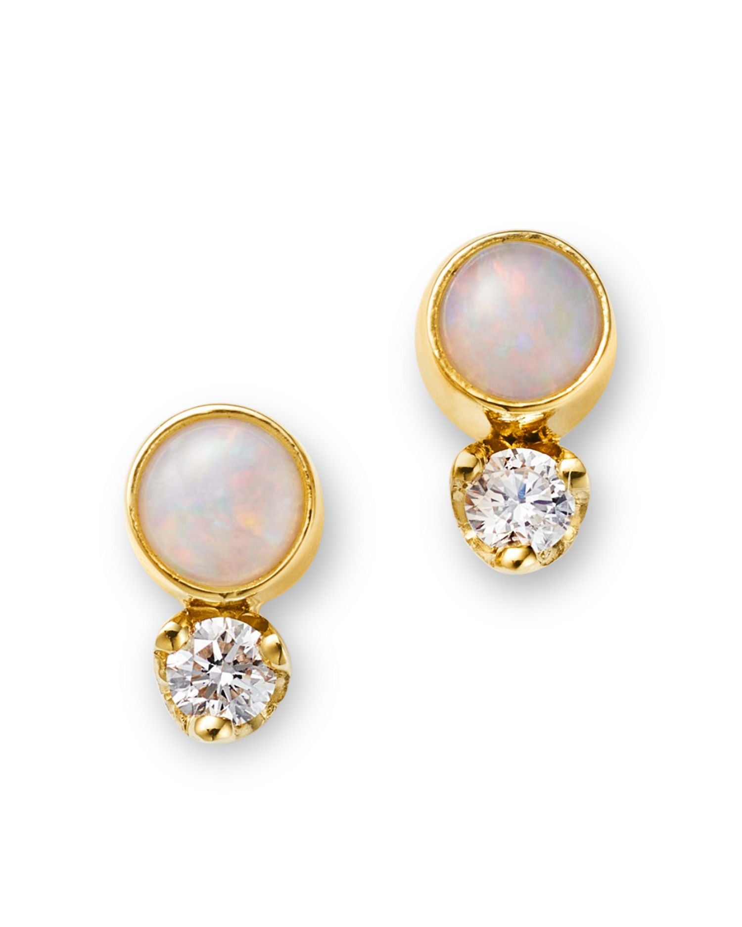 14K Yellow Gold Opal Gemstones Opal & Diamond Stud Earrings