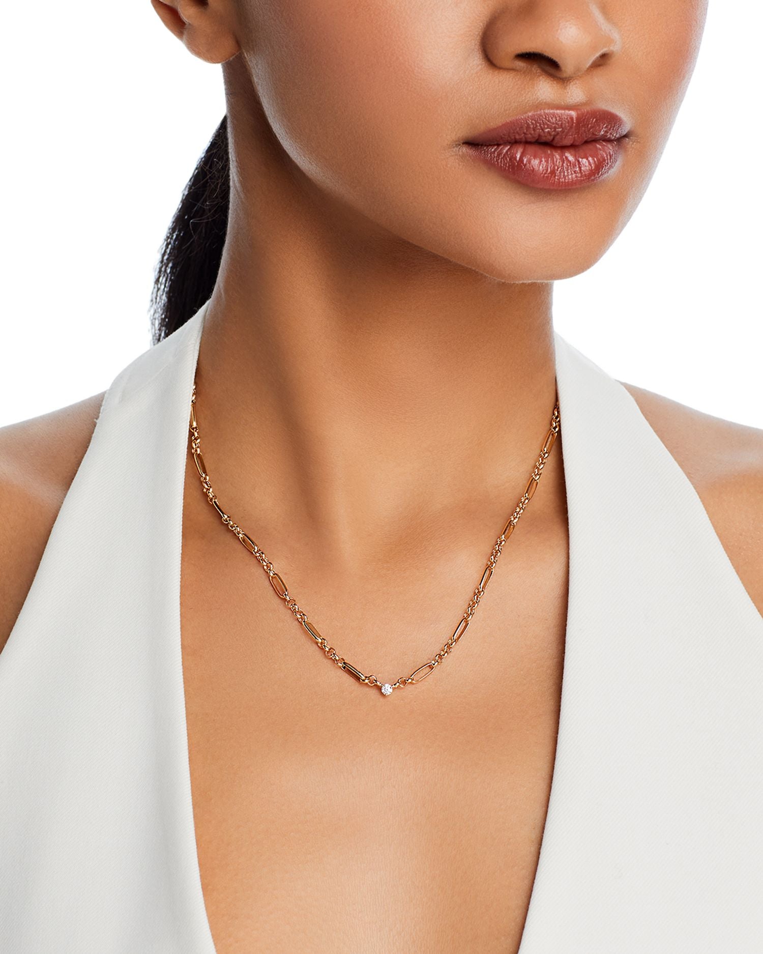 14K Yellow Gold Floating Diamonds Diamond Solitaire Mixed Link Pendant Necklace, 16-18'