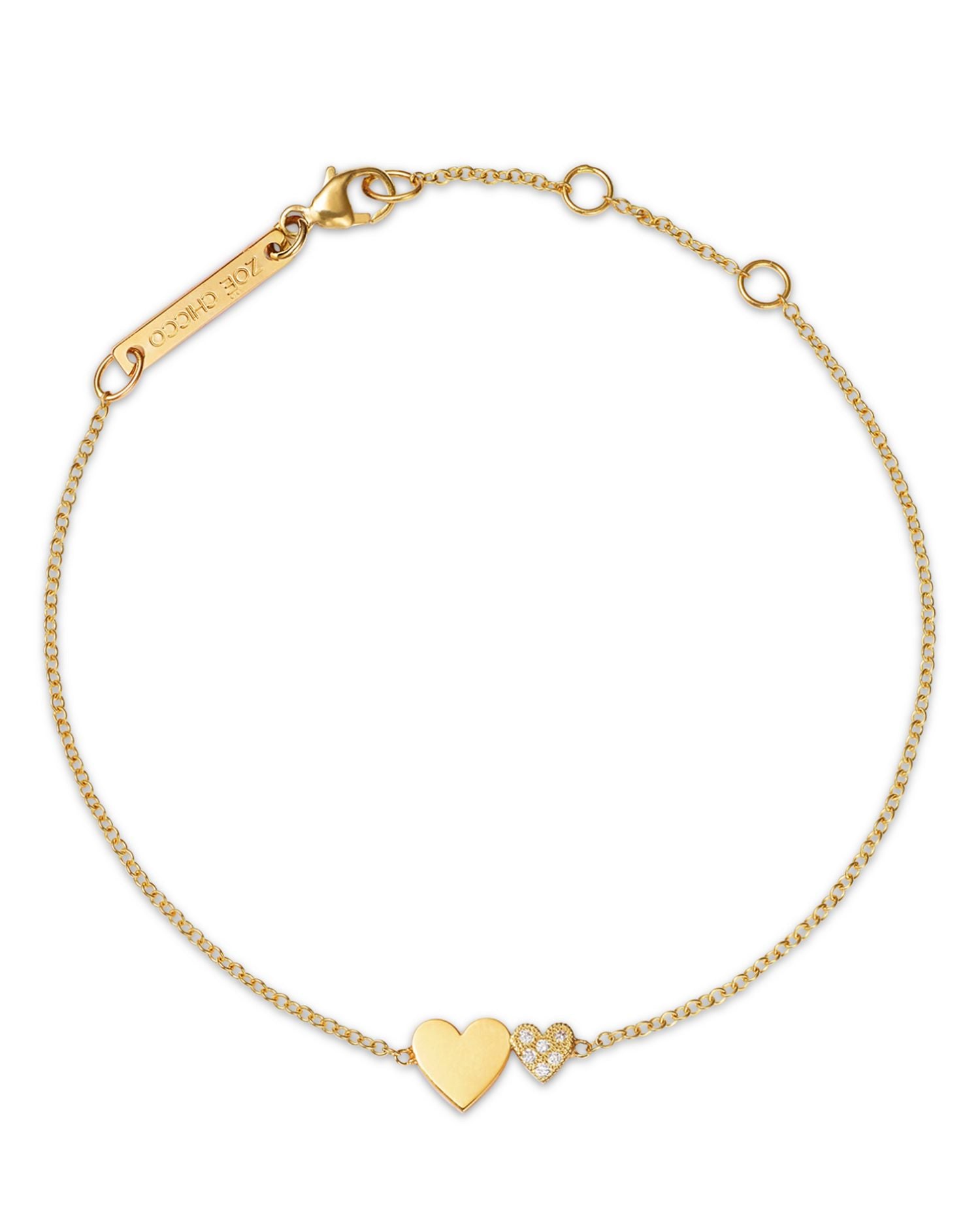 14K Yellow Gold Midi Bitty Symbols Diamond Double Heart Chain Bracelet