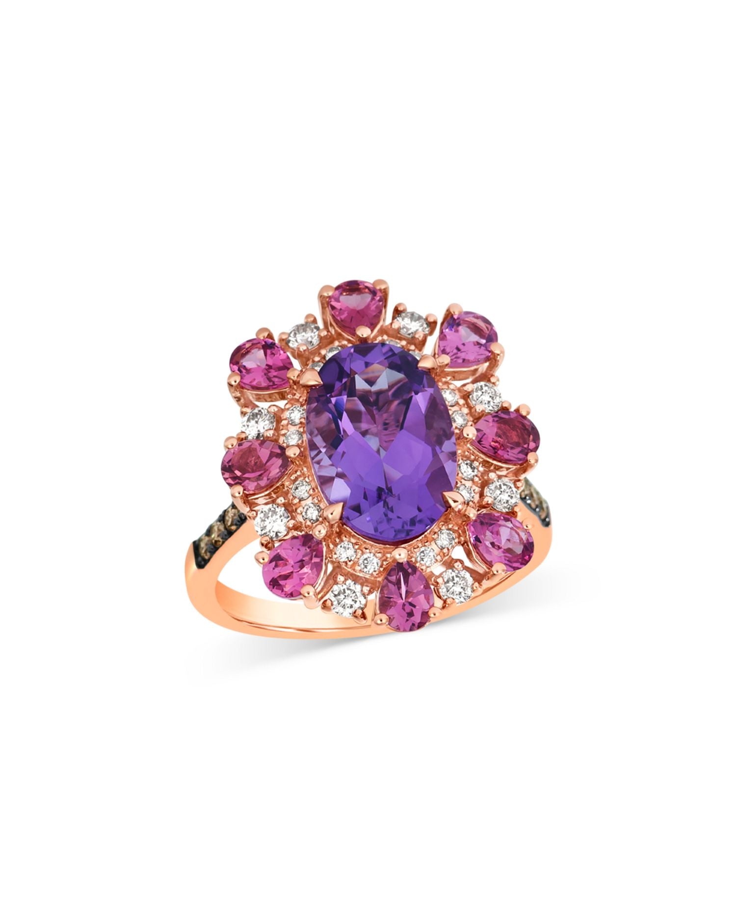 Amethyst, Pink Tourmaline & Diamond Halo Ring in 14K Rose Gold