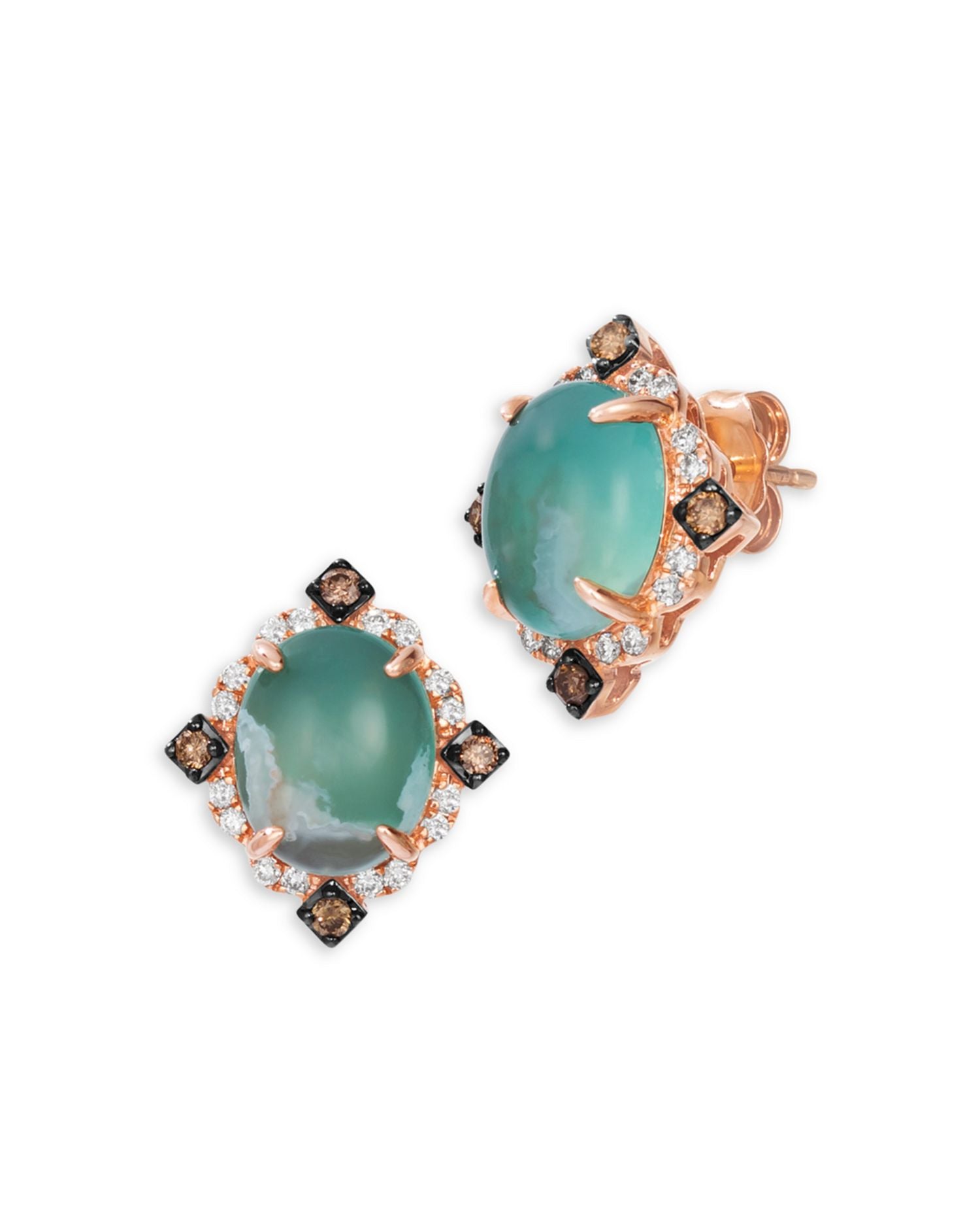 Aquaprase & White and Brown Diamond Halo Stud Earrings in 14K Rose Gold