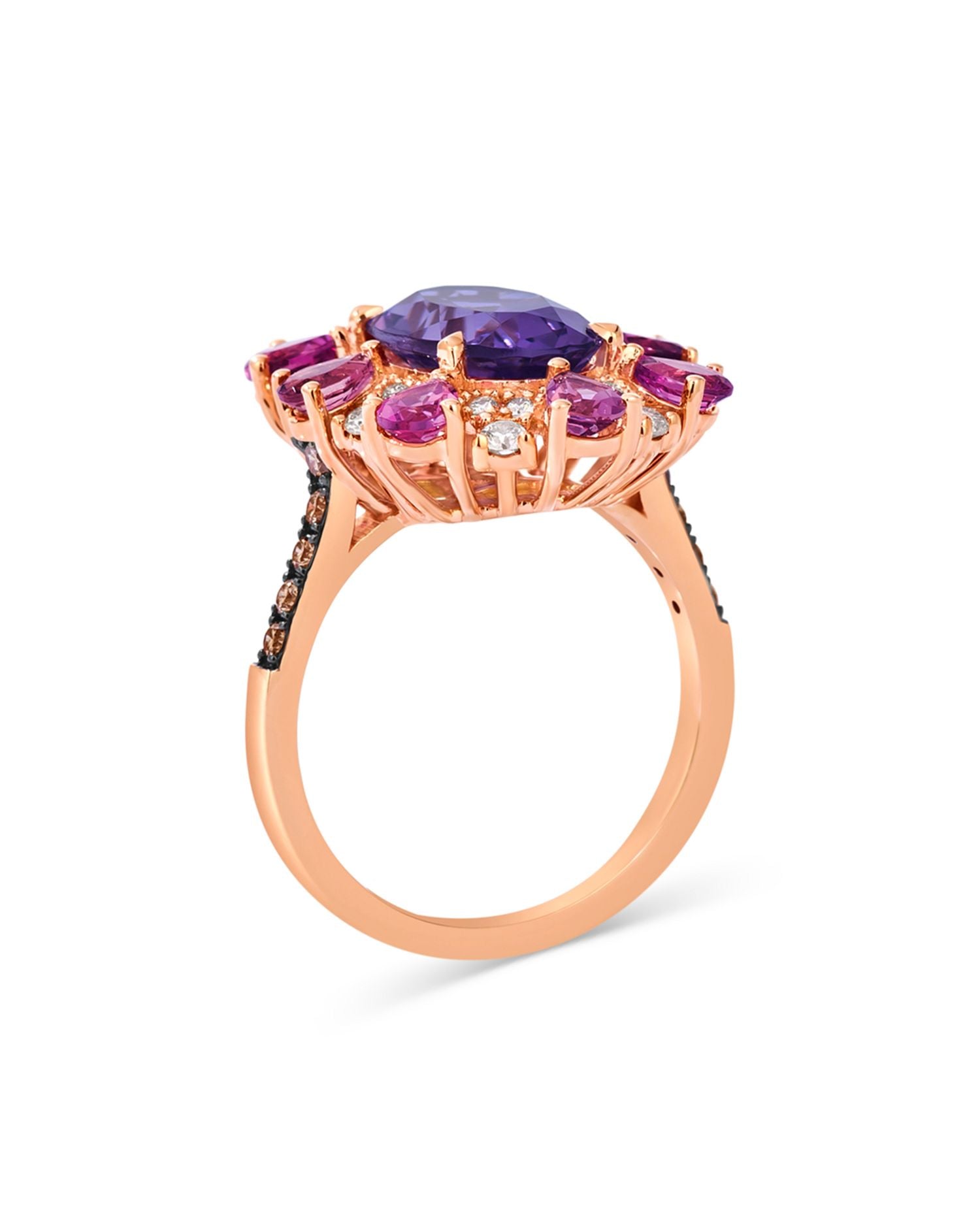Amethyst, Pink Tourmaline & Diamond Halo Ring in 14K Rose Gold