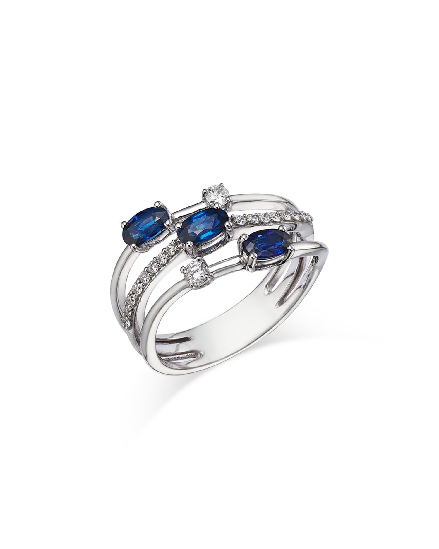 Blue Sapphire & Diamond Triple Row Ring in 14K White Gold