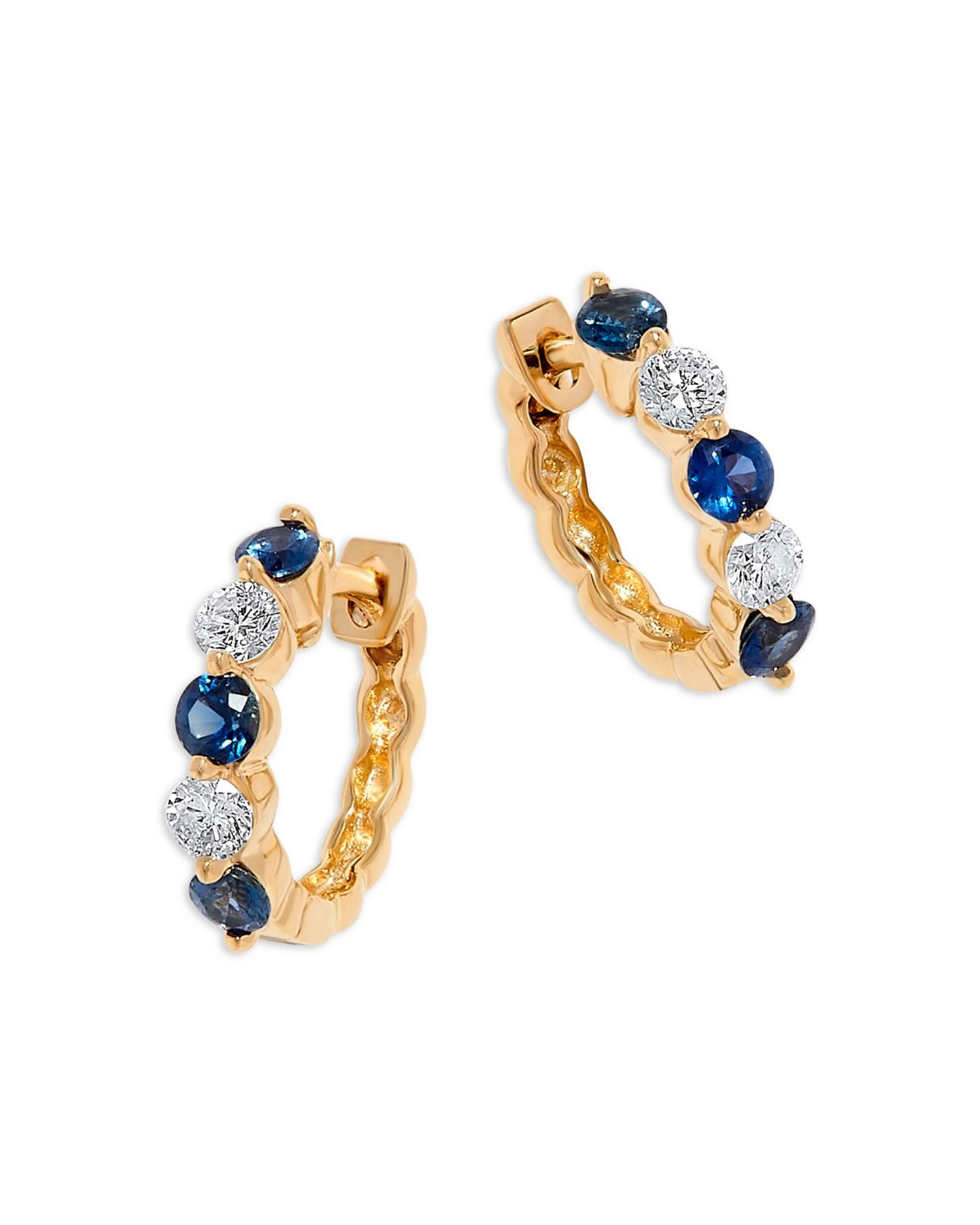 Blue Sapphire & Diamond Hoop Earrings in 14K Yellow Gold