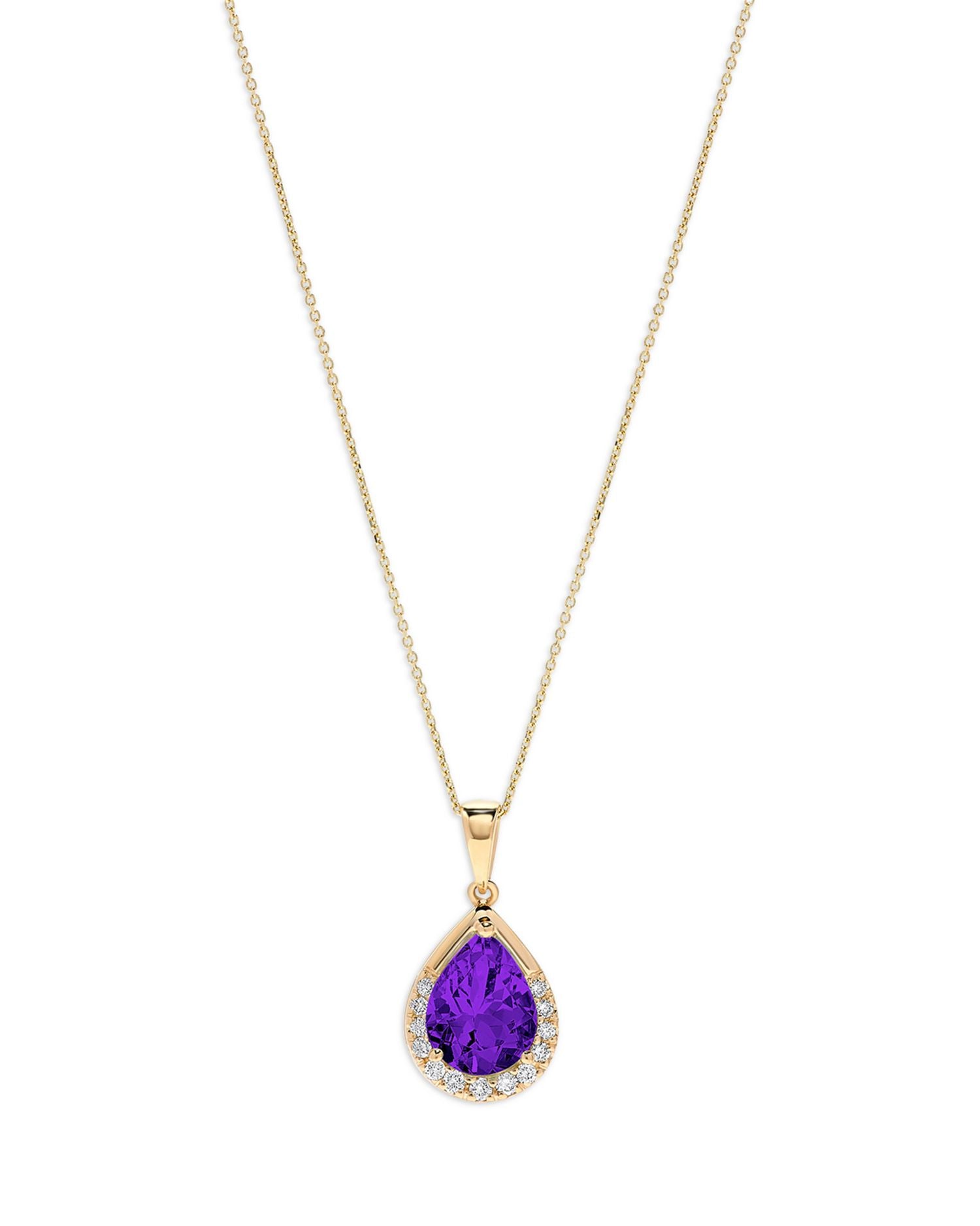 Amethyst & Diamond Pear Halo Pendant Necklace in 14K Yellow Gold, 16'