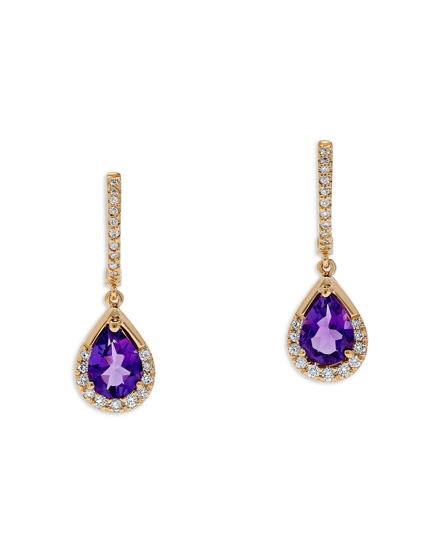 Amethyst & Diamond Pear Halo Drop Earrings in 14K Yellow Gold