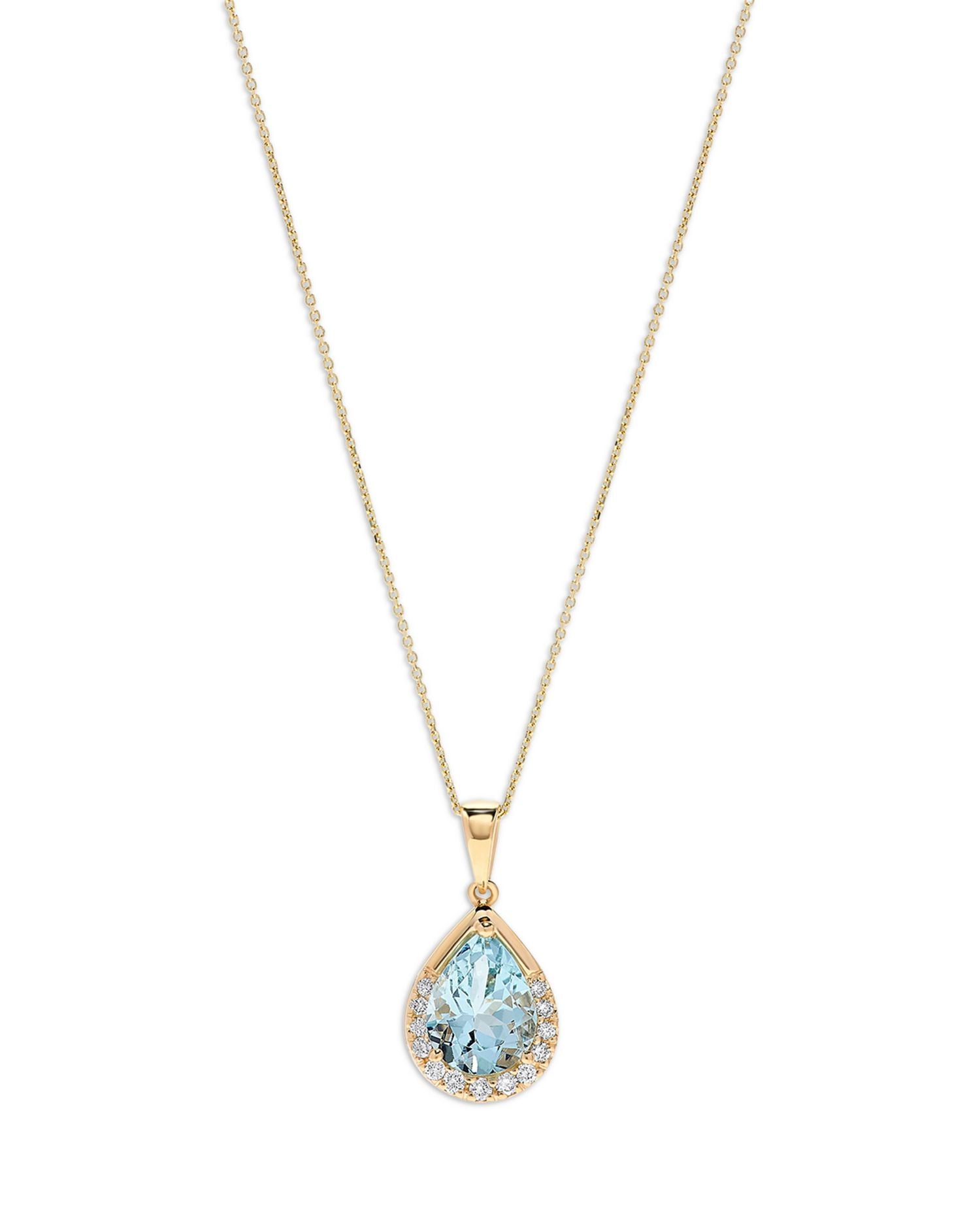 Aquamarine & Diamond Pear Halo Pendant Necklace in 14K Yellow Gold, 16'