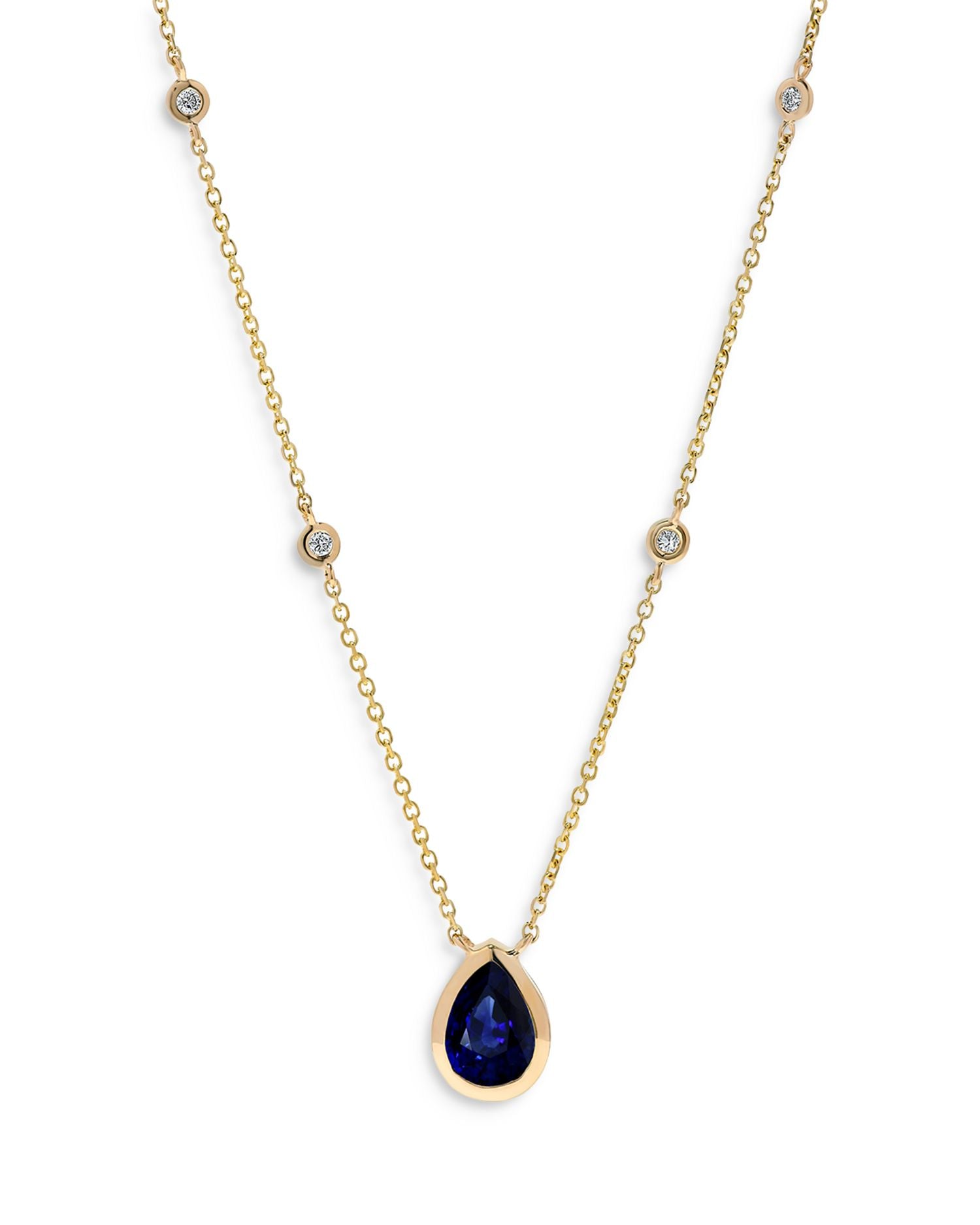 Blue Sapphire & Diamond Pendant Necklace 14K Yellow Gold, 16'