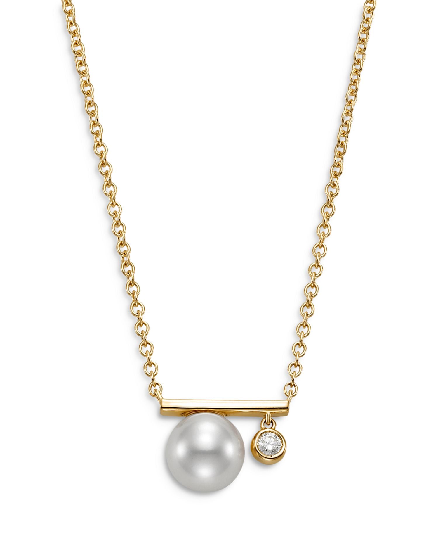 Cultured Freshwater Pearl & Diamond Bezel Bar Necklace in 14K Yellow Gold, 18'